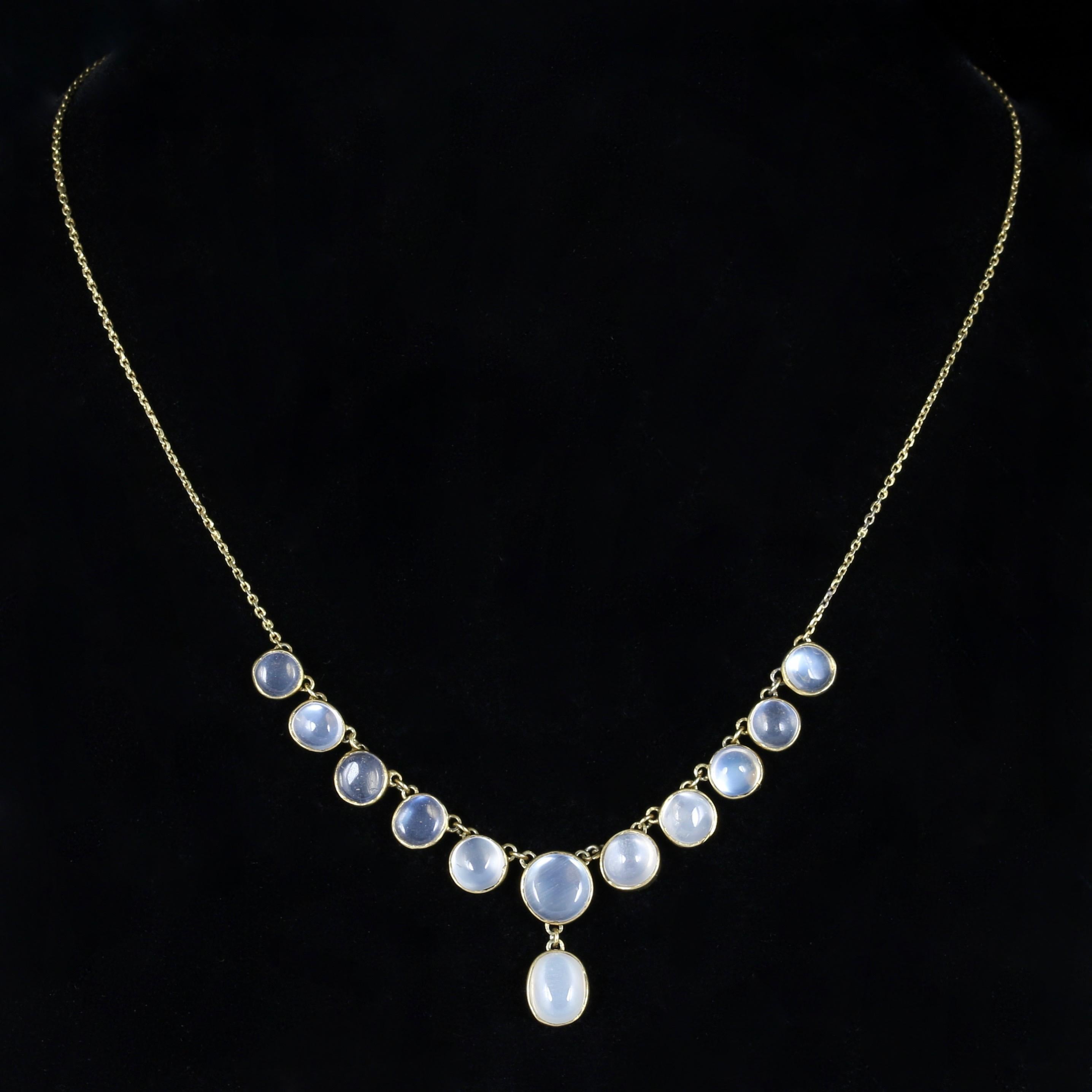 For more details please click continue reading down below...

This lovely necklace is set with beautiful glowing Moonstones which have a ghostly hue and an excellent blue schiller.

A genuine Victorian piece, Circa 1880.

The garland section is set