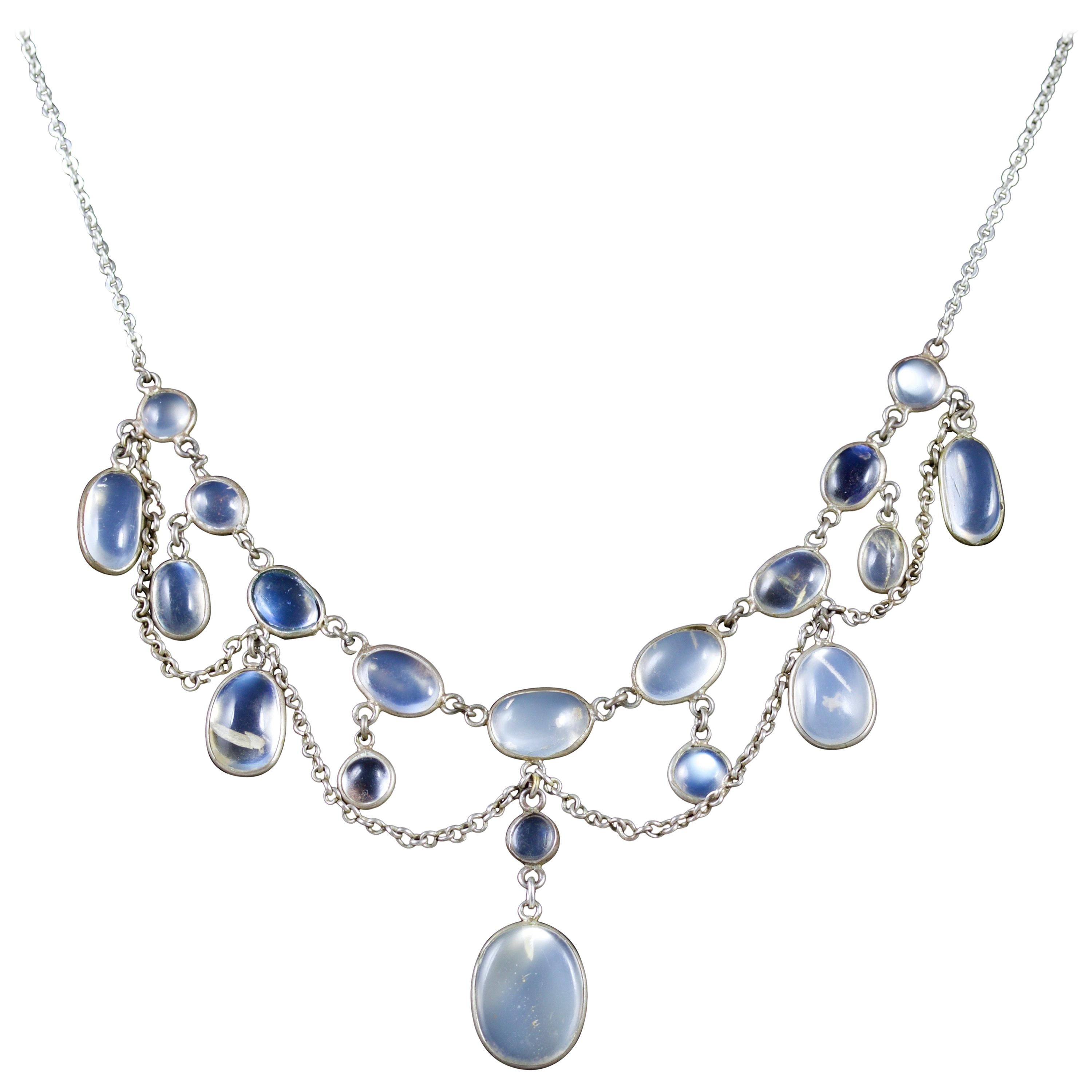 Antique Victorian Moonstone Necklace Garland Silver, circa 1880