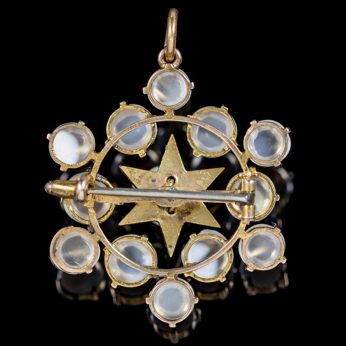A wonderful antique Moonstone star pendant from the Victorian era, Circa 1880.

The piece is decorated with thirteen cabochon cut Moonstones, approx. 0.50ct to 0.65ct  each and laid out in a pretty star shaped design. 

Moonstone has a lovely