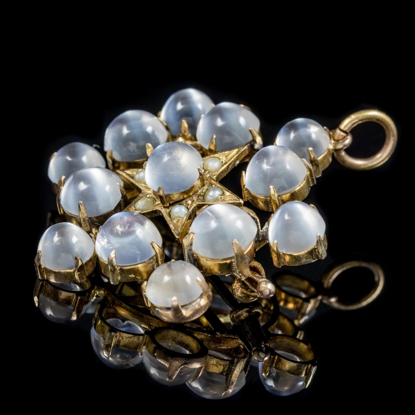 Antique Victorian Moonstone Pearl Star Pendant Brooch 18 Carat Gold, circa 1880 In Excellent Condition For Sale In Lancaster, Lancashire