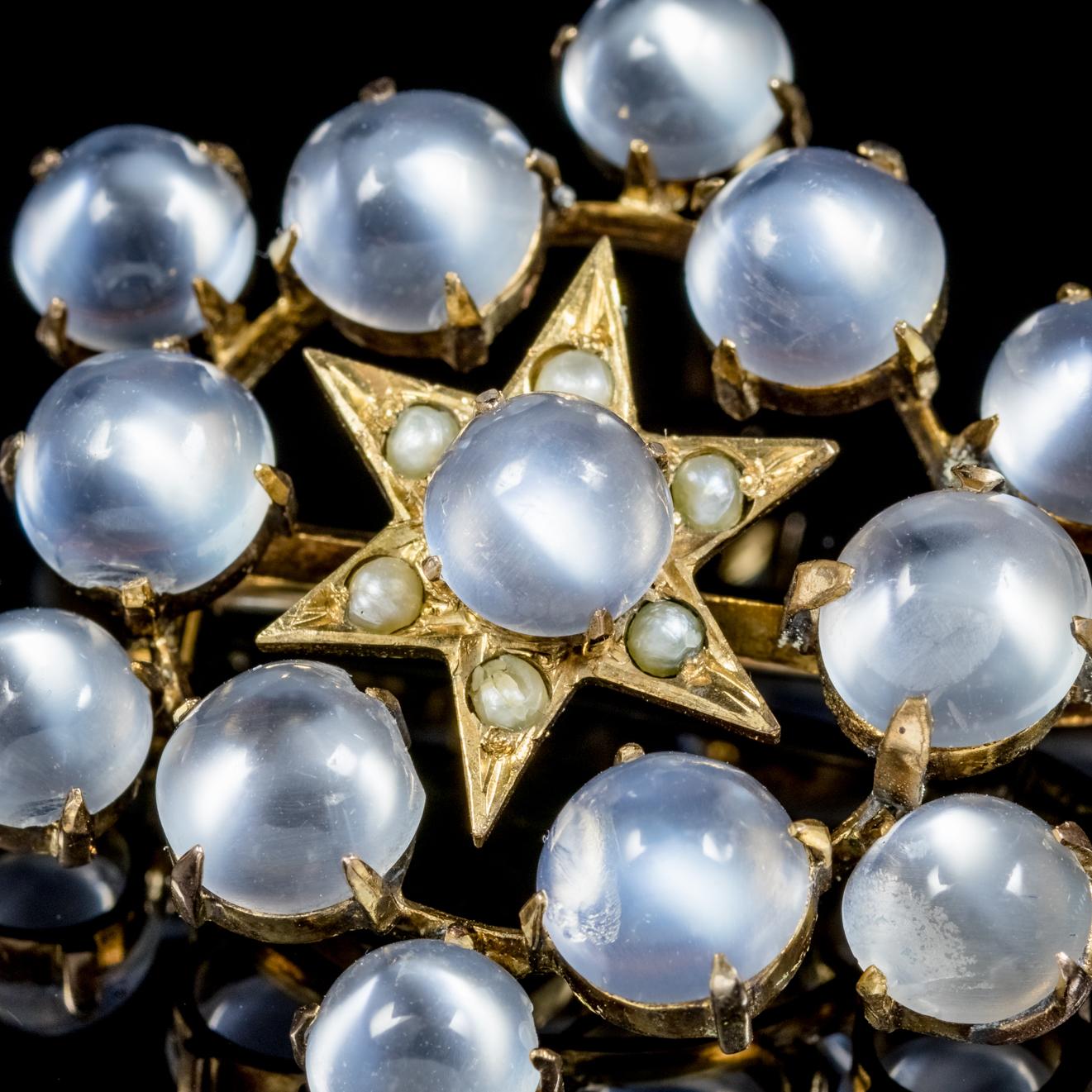 Antique Victorian Moonstone Pearl Star Pendant Brooch 18 Carat Gold, circa 1880 For Sale 1