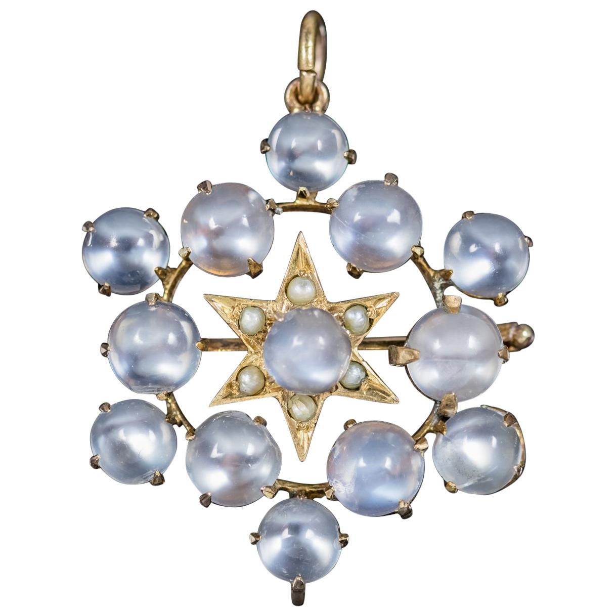 Antique Victorian Moonstone Pearl Star Pendant Brooch 18 Carat Gold, circa 1880 For Sale