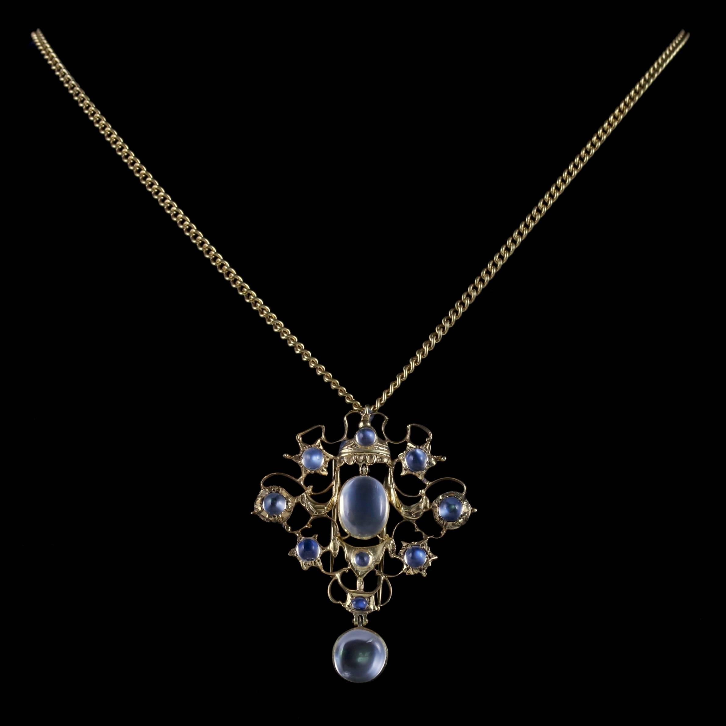 To read more please click continue reading below-

This stunning antique Moonstone pendant and chain is Victorian, Circa 1880. 

The pendant is beautifully engraved and decorated in mystical Moonstones, with two lovely swinging Moonstone