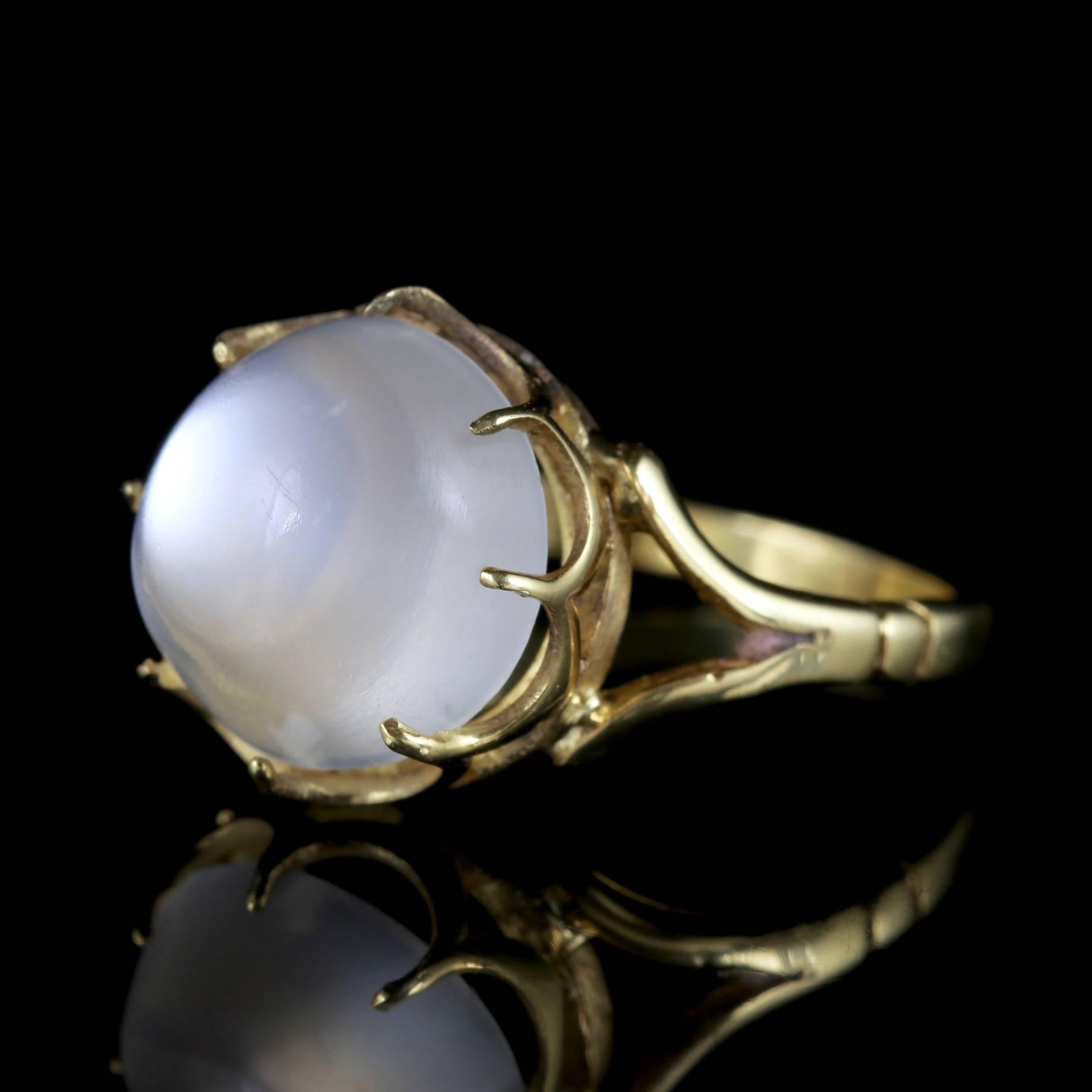 To read more please click continue reading below-

This alluring antique 18ct Gold Moonstone ring is Victorian Circa 1900. 

The wonderful, cabochon Moonstone is over 5ct in size and shimmers with a lovely ghostly hue.

Moonstone is a tangible