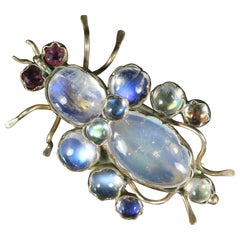 Antique Victorian Moonstone Ruby Bug Brooch 9 Carat Gold