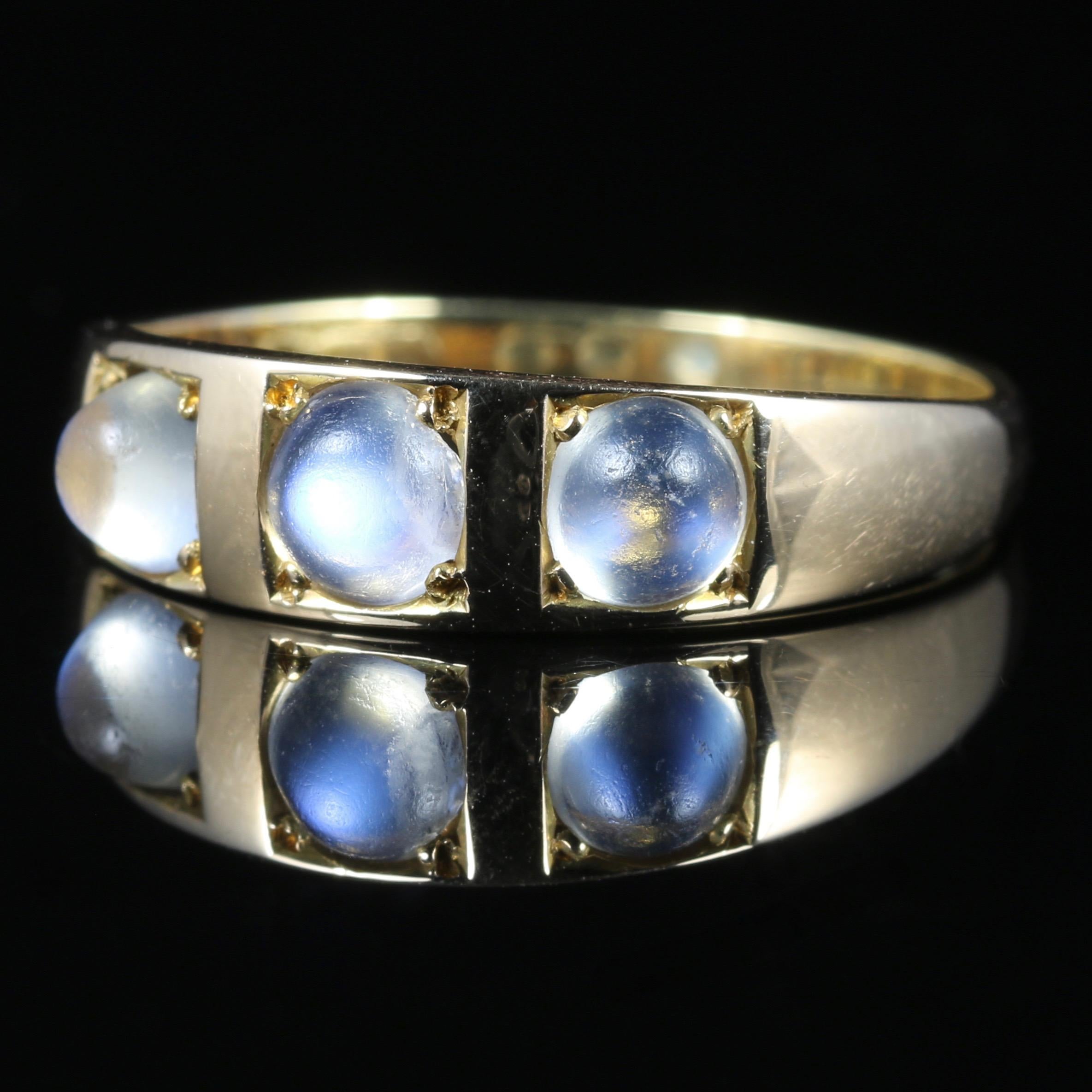 For more details please click continue reading down below...

This gorgeous, genuine, antique Victorian Moonstone trilogy ring is Circa 1880.

All set in 18ct Yellow Gold.

The fabulous ring displays three spectacular glowing Moonstones which are