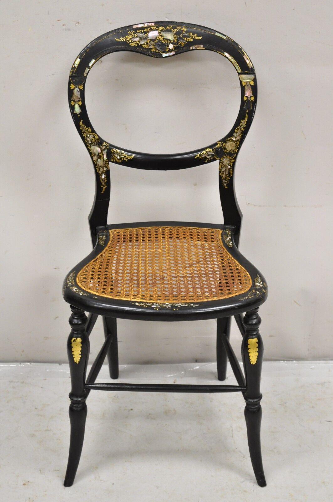 Antique Victorian Mother of Pearl Inlay Black Ebonized Regency Cane Seat Side Chair. Circa Early 1800s. Measurements: 32