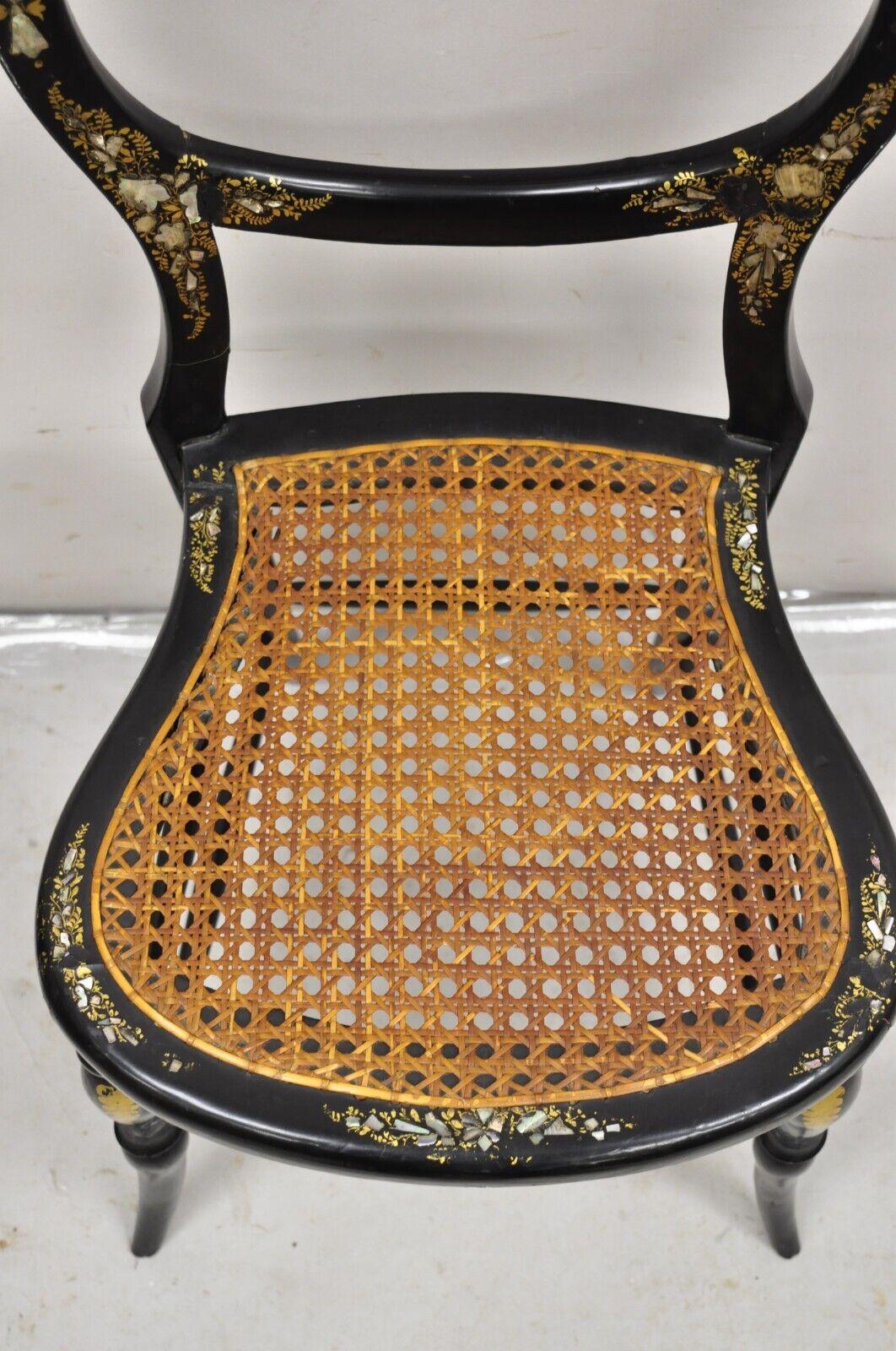 Early 19th Century Antique Victorian Mother of Pearl Inlay Black Ebonized Regency Cane Side Chair