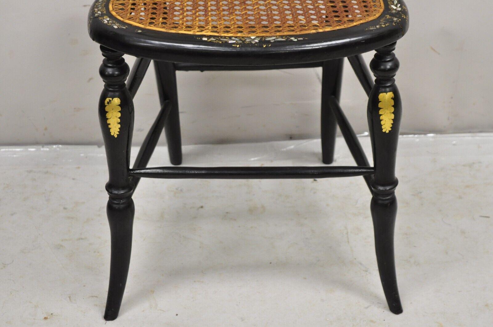 Mother-of-Pearl Antique Victorian Mother of Pearl Inlay Black Ebonized Regency Cane Side Chair
