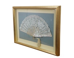 Antike viktorianische Perlmutt Spitze Folding Fan Shadow Box Display 28"