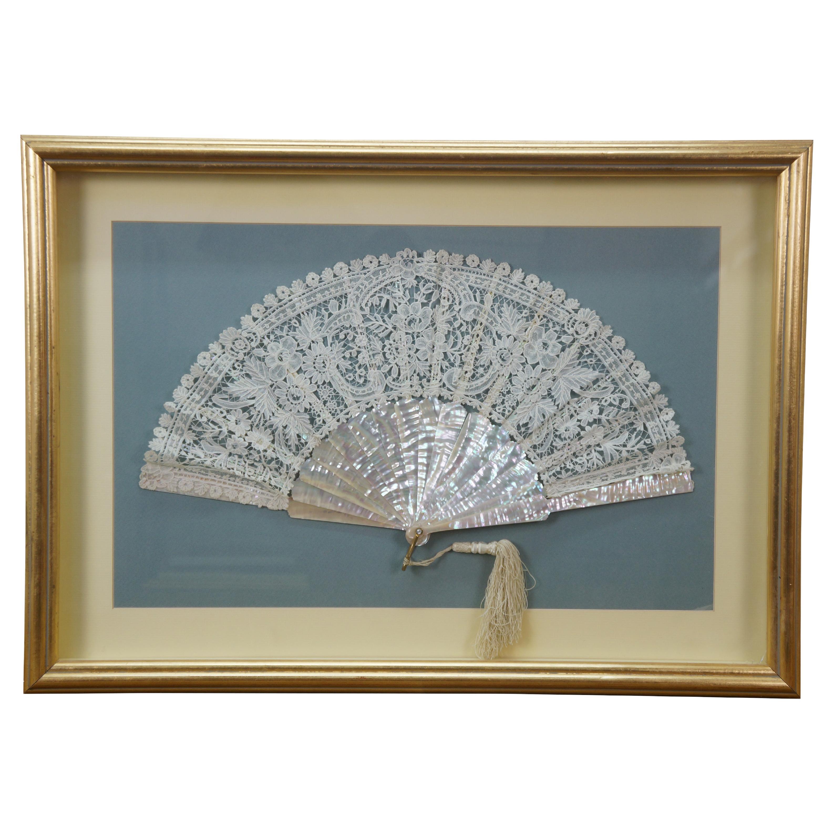 Antique Victorian Mother of Pearl Lace Folding Fan Shadow Box Display 28"