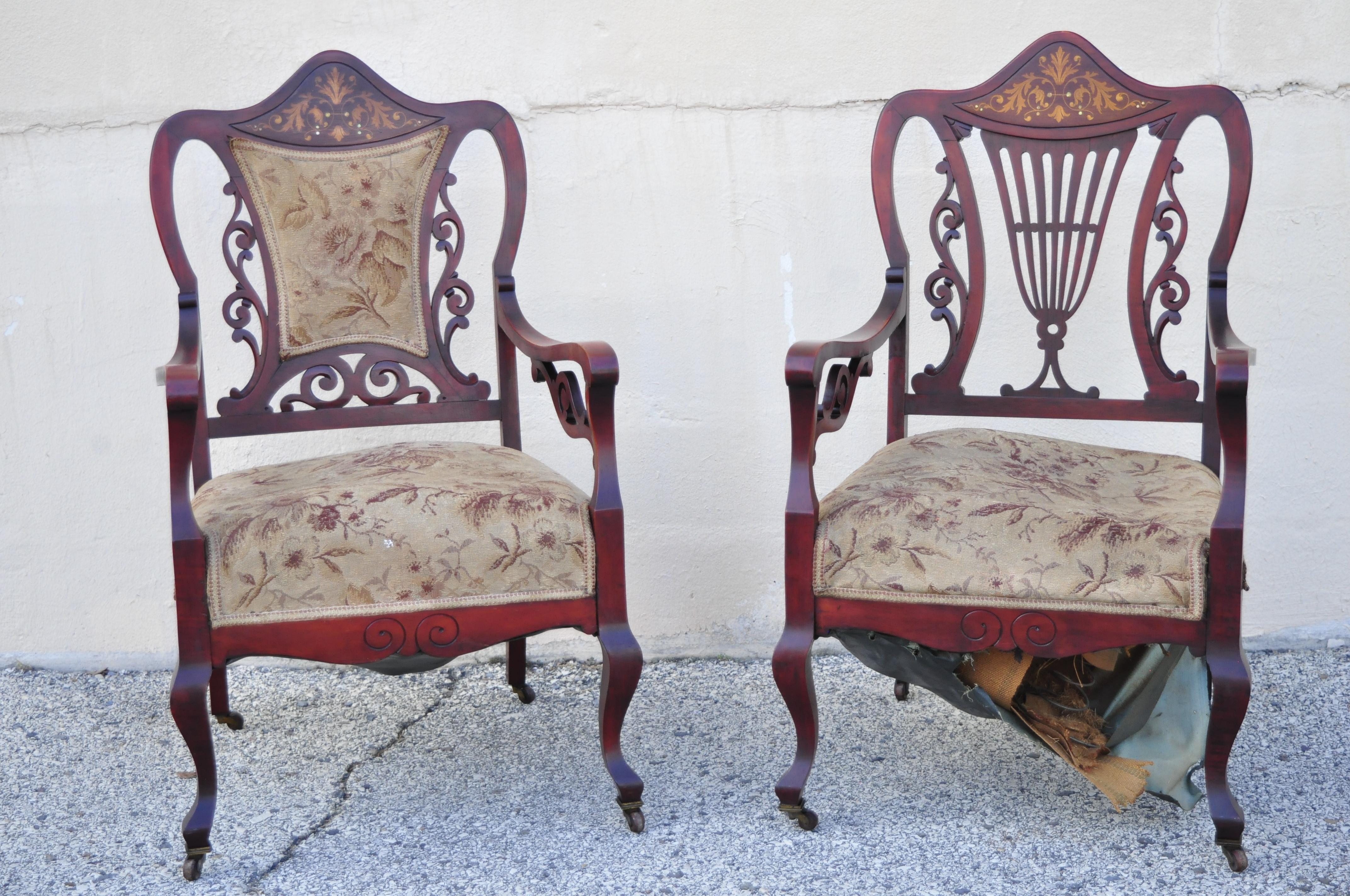 North American Victorian Mother of Pearl Satinwood Inlay Mahogany Parlor Set, 3-Piece Set