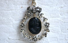 Antique Victorian Mourning 18 Karat Yellow Gold Jet Cameo with Diamonds