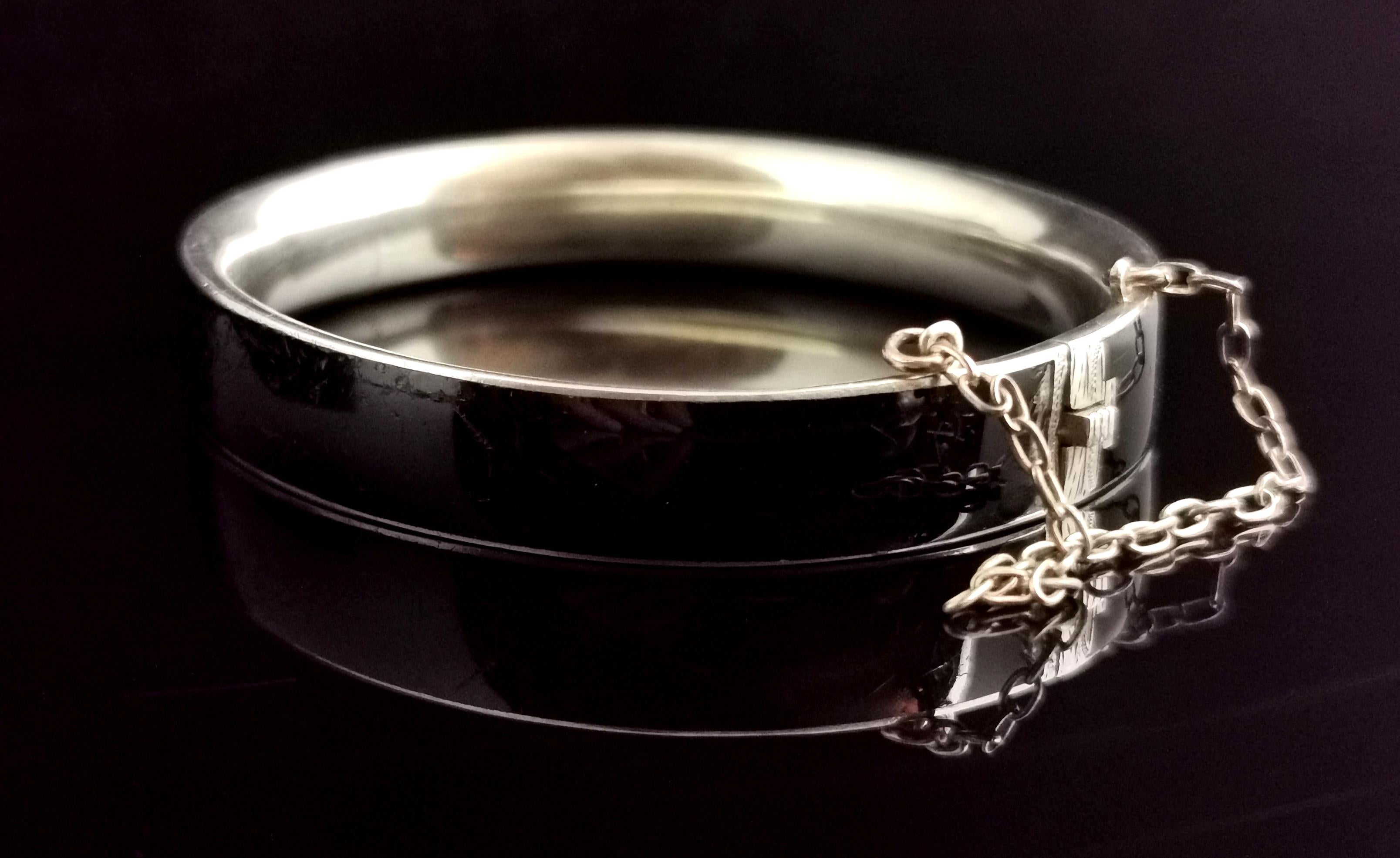 Antique Victorian Mourning Bangle, Silver, Black Enamel and Seed Pearl 2