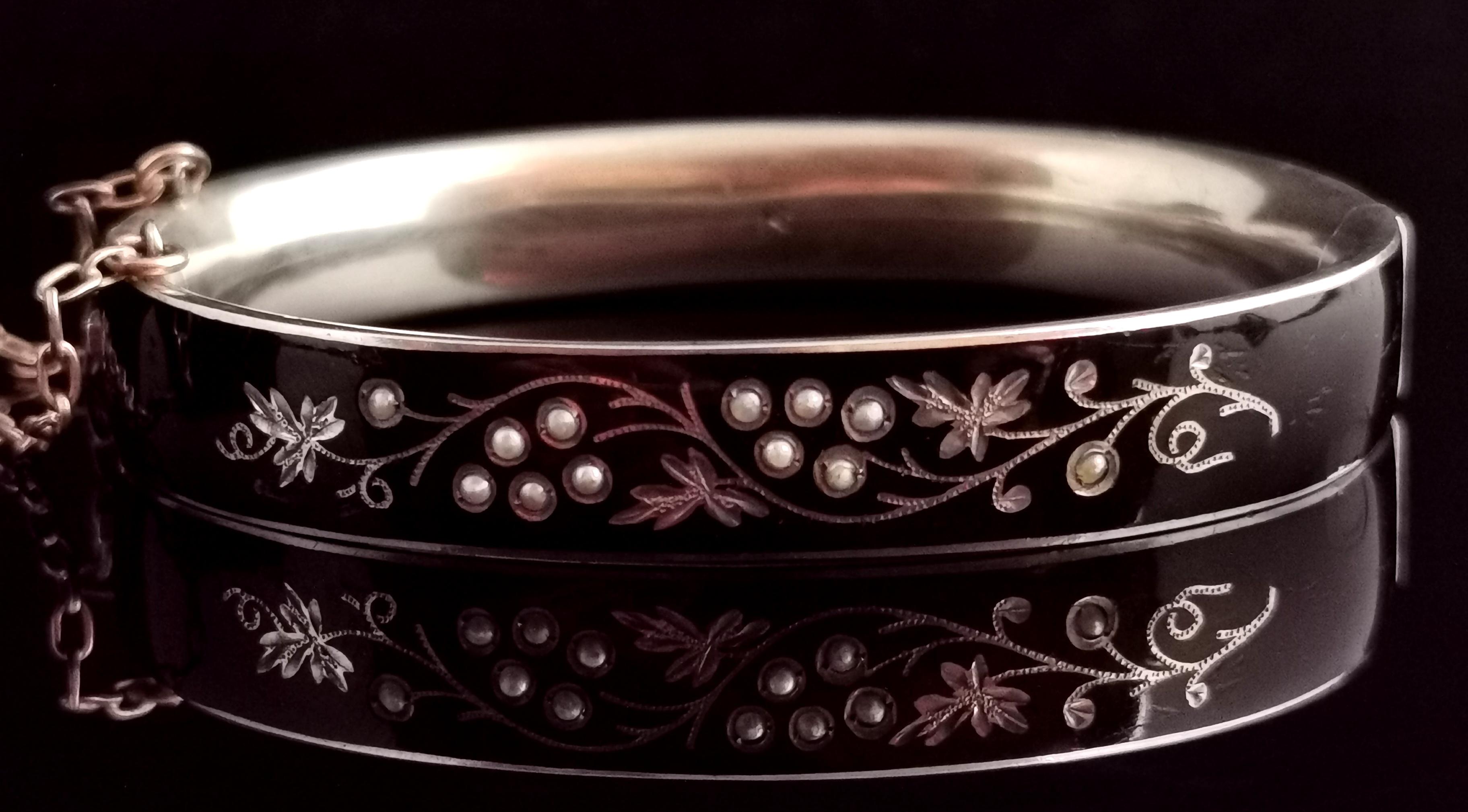 Cabochon Antique Victorian Mourning Bangle, Silver, Black Enamel and Seed Pearl