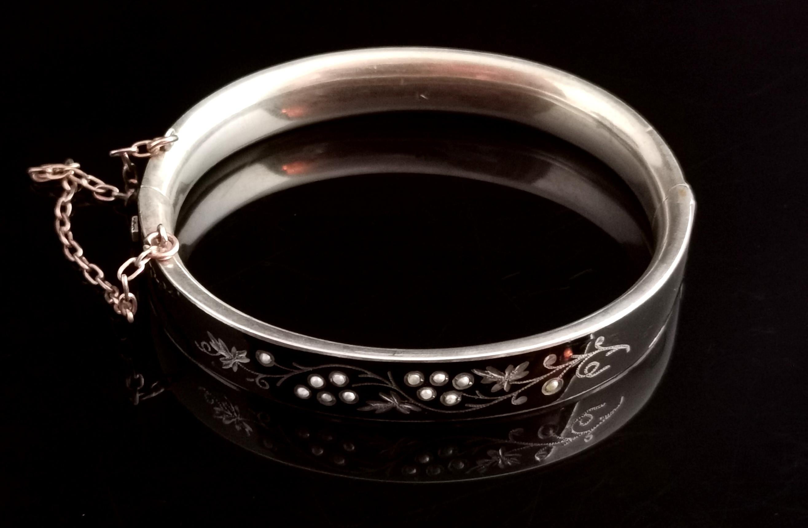 Antique Victorian Mourning Bangle, Silver, Black Enamel and Seed Pearl 1