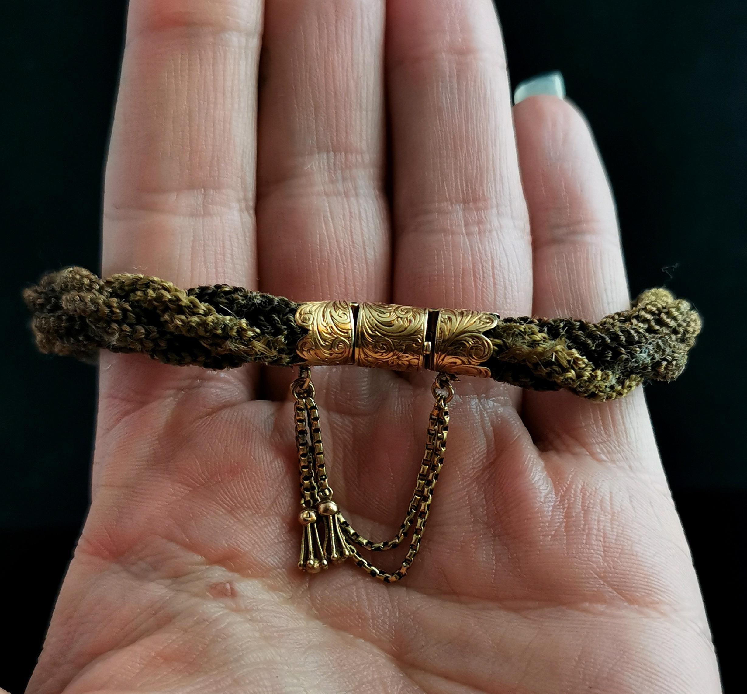 Antique Victorian Mourning Bracelet, Hairwork, 9k Yellow Gold Tassel 3