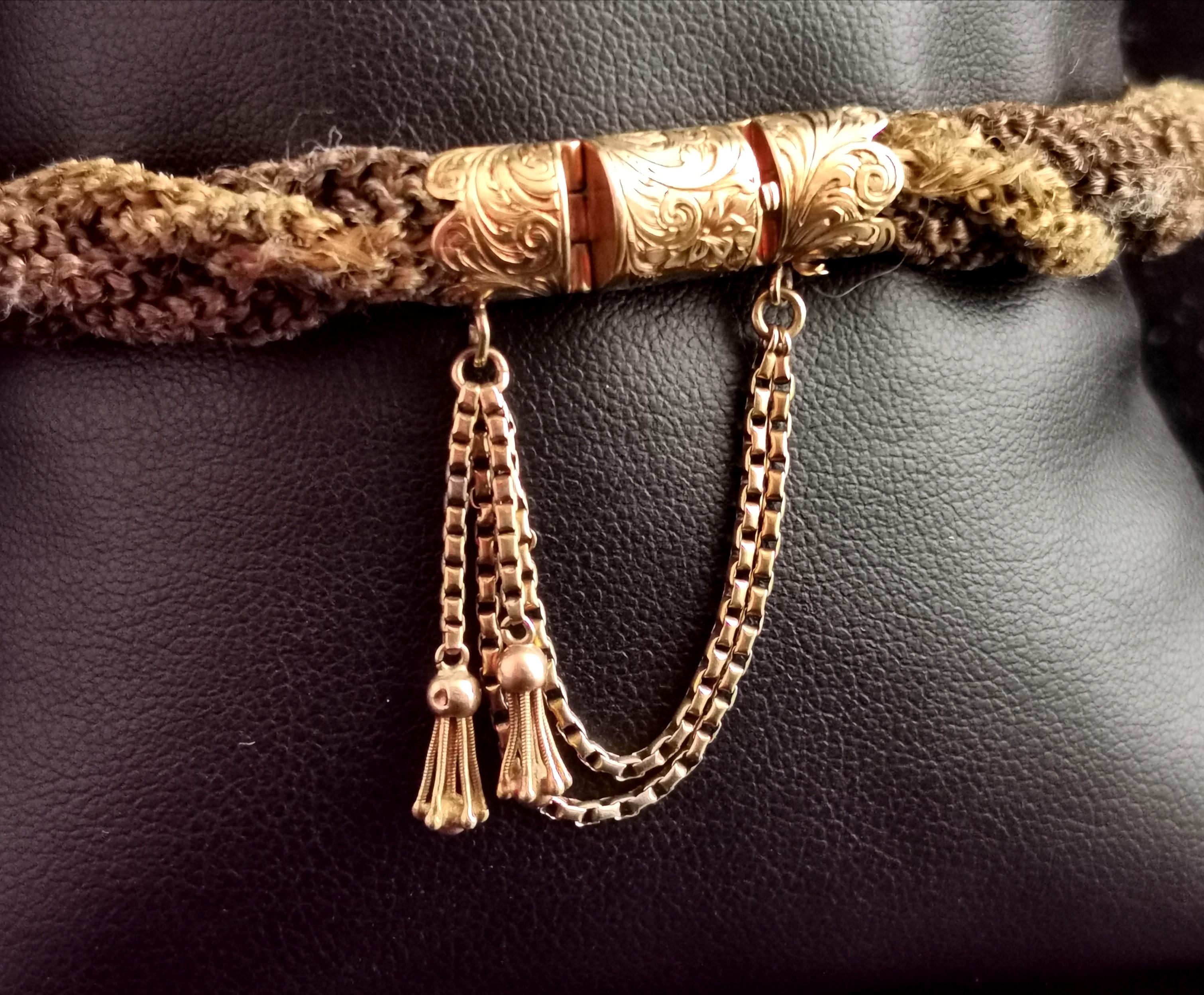 Antique Victorian Mourning Bracelet, Hairwork, 9k Yellow Gold Tassel 4