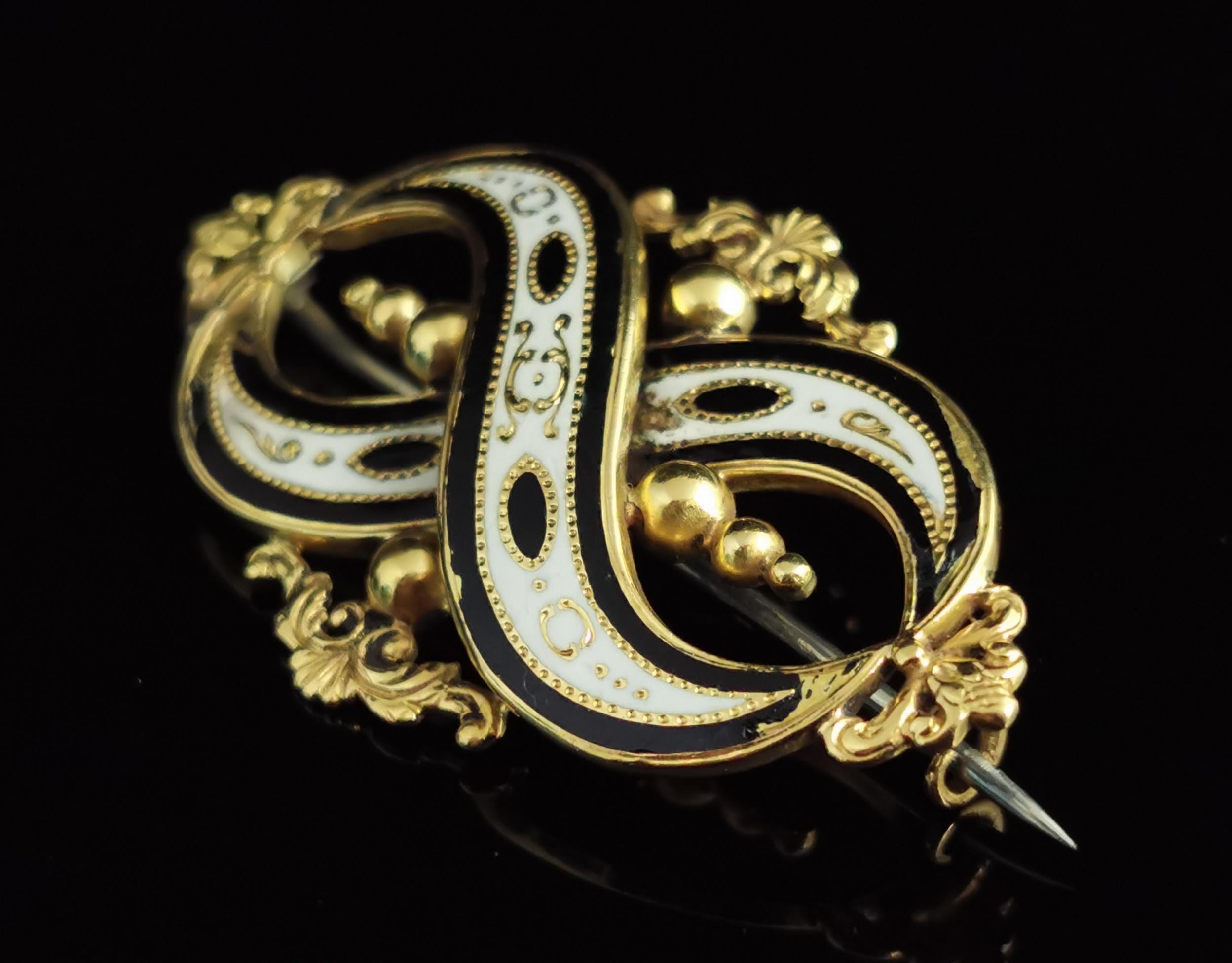 Women's Antique Victorian Mourning Brooch, 15 Karat Yellow Gold, Black and White Enamel