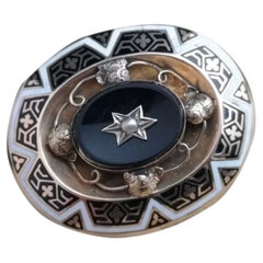 Antique Victorian Mourning Brooch, 15 Karat Yellow Gold, Onyx and Seed Pearl