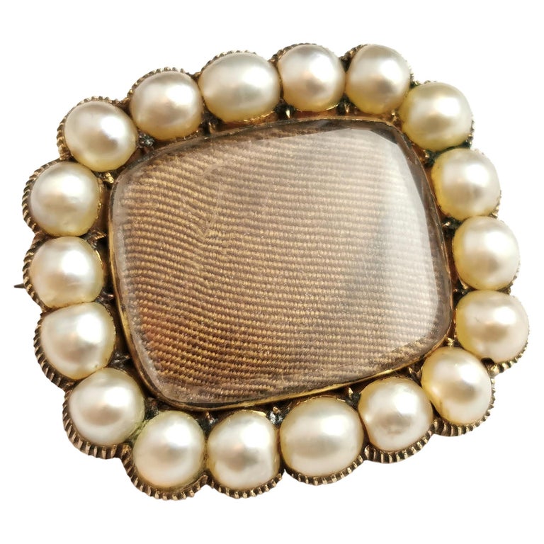 Antique Victorian Mourning Brooch, 9ct Gold Hairwork, Split Pearl For Sale