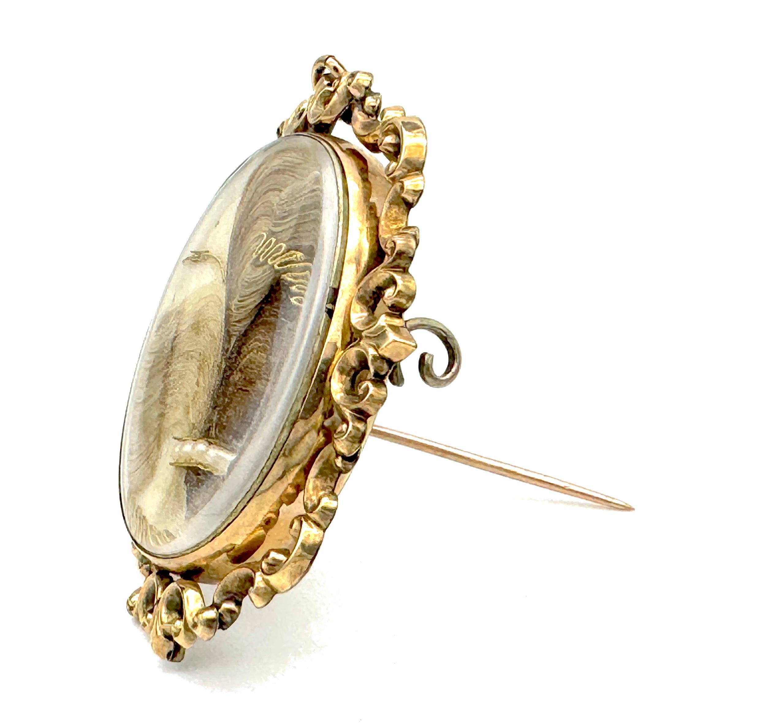 Bead Antique Victorian Mourning Brooch Gilt Metal Hair Natural Seed Pearl Photograph For Sale