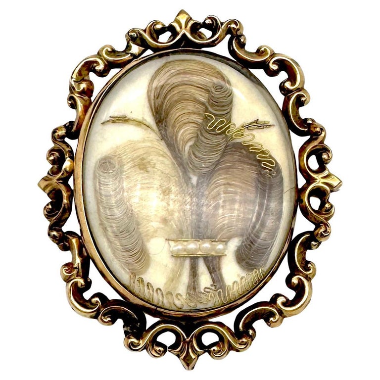 Antique Victorian Mourning Brooch Gilt Metal Hair Natural Seed