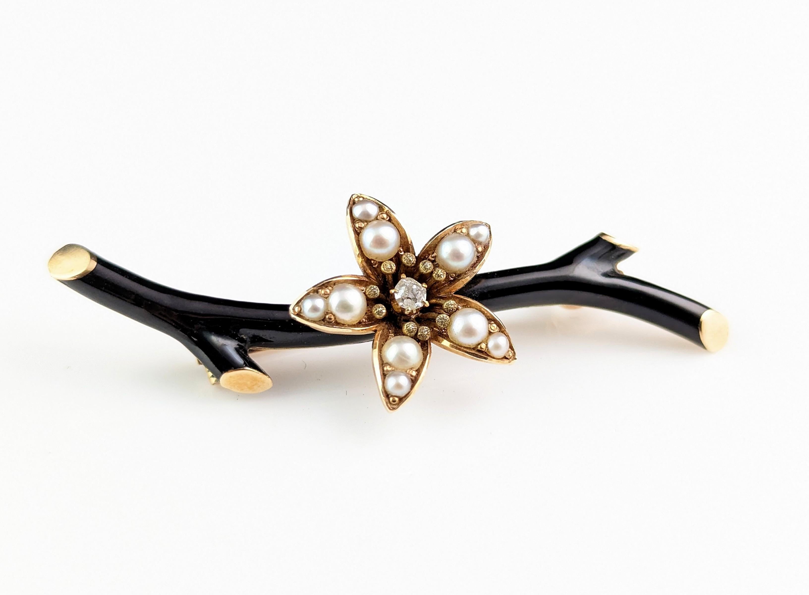 Antique Victorian mourning brooch, Pearl and diamond flower, Black enamel  4