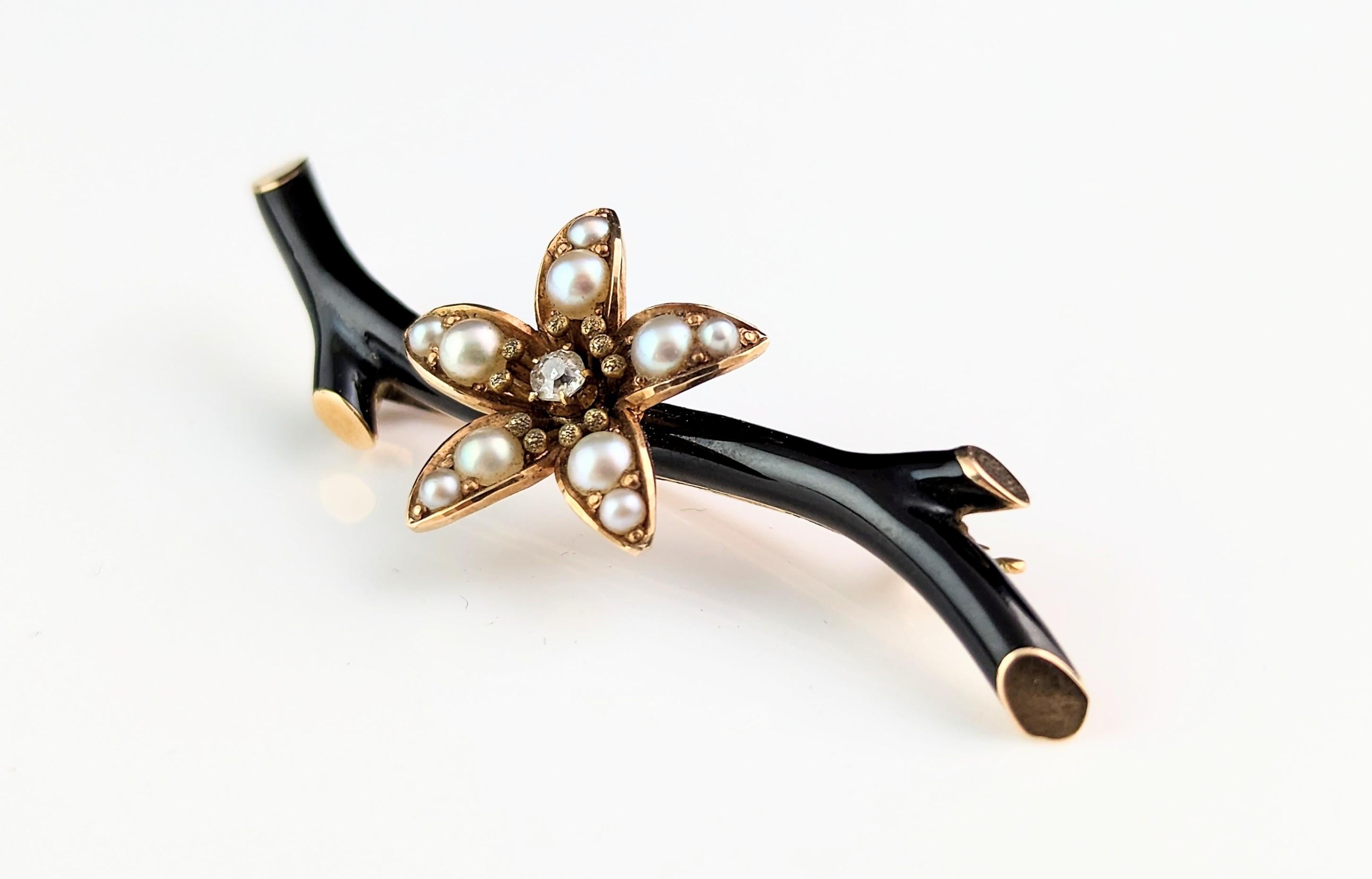 Antique Victorian mourning brooch, Pearl and diamond flower, Black enamel  5