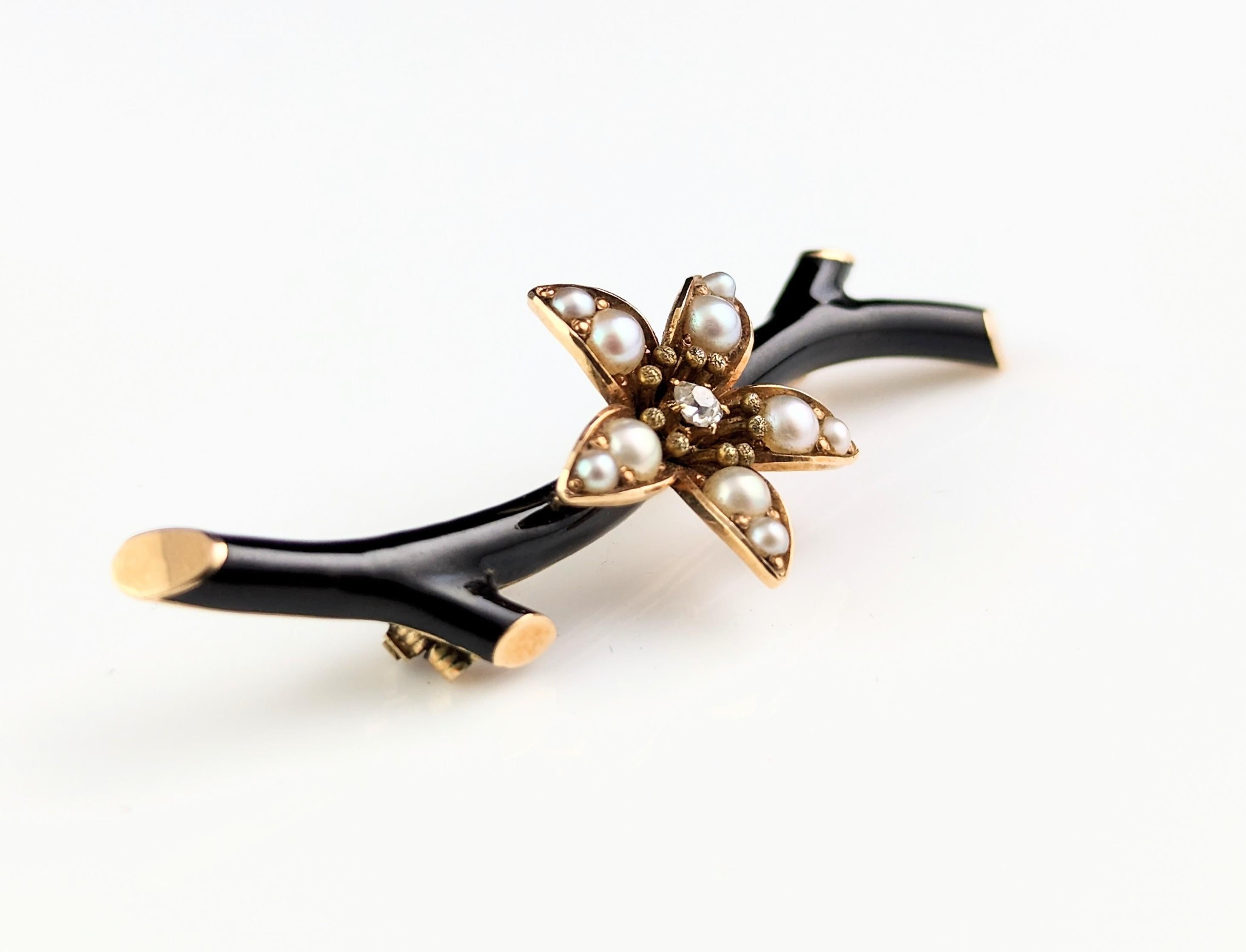 Antique Victorian mourning brooch, Pearl and diamond flower, Black enamel  6