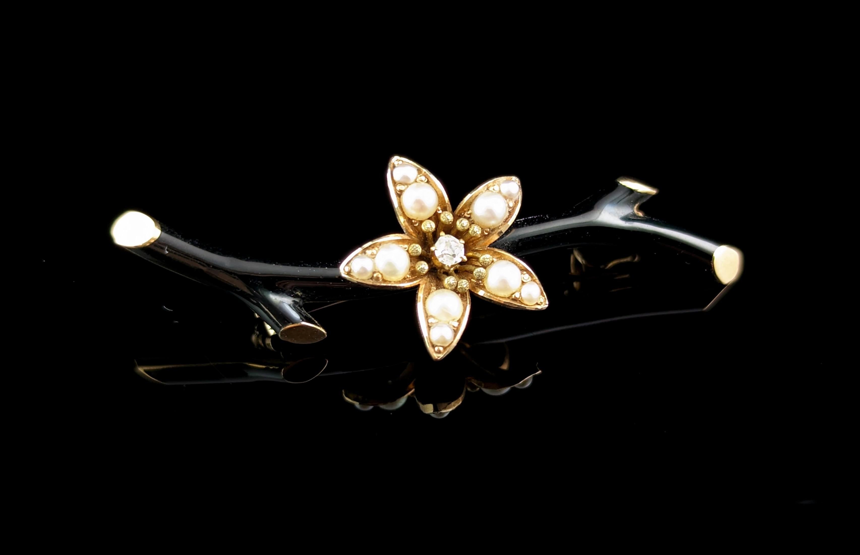 This is truly one of the most beautiful antique mourning brooches I have seen, so elegant and stylish, it's hard to believe that it is over a hundred years old.

Crafted in 15ct yellow gold it is designed as a branch with a single flower to the