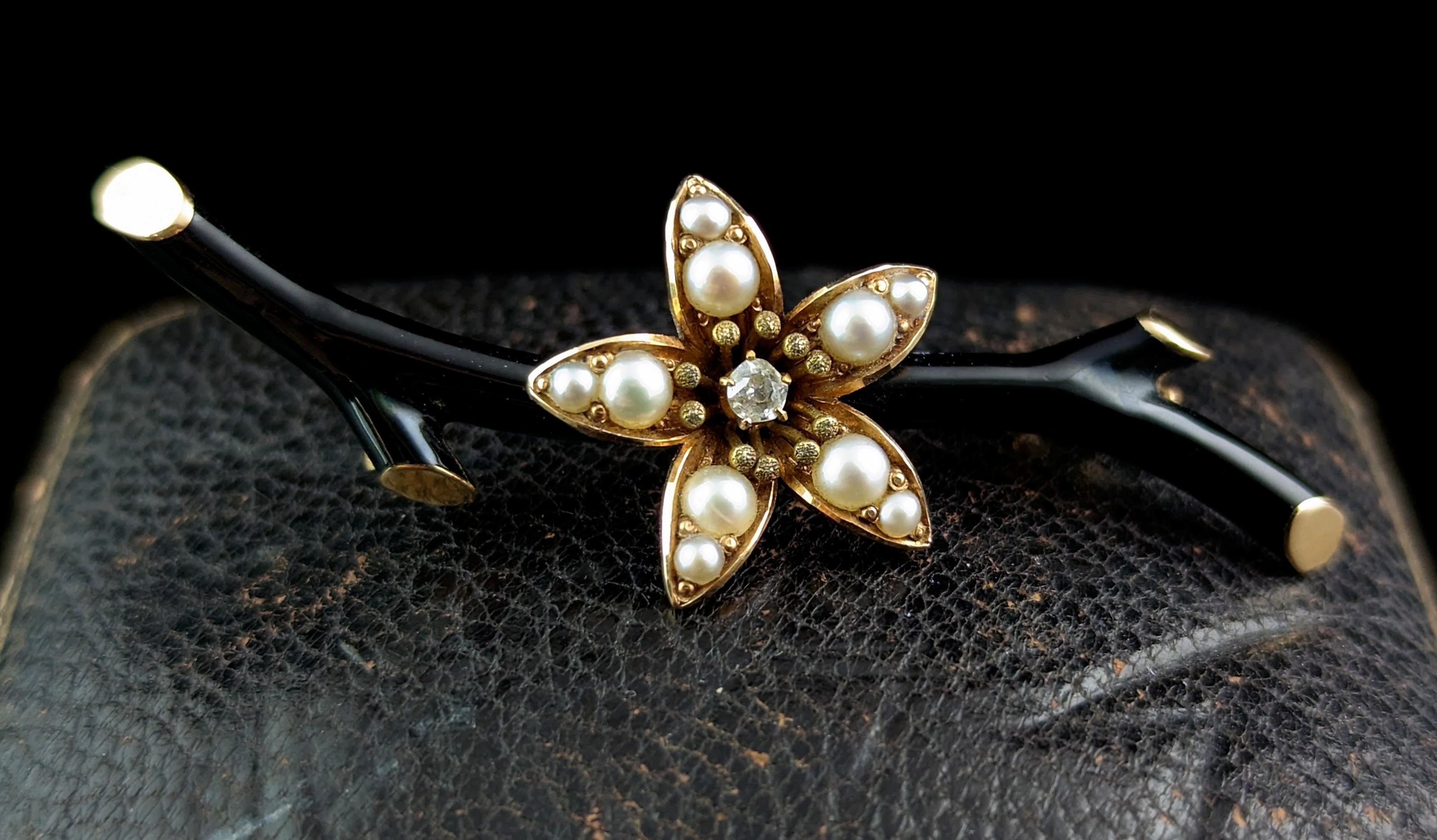 Women's Antique Victorian mourning brooch, Pearl and diamond flower, Black enamel 
