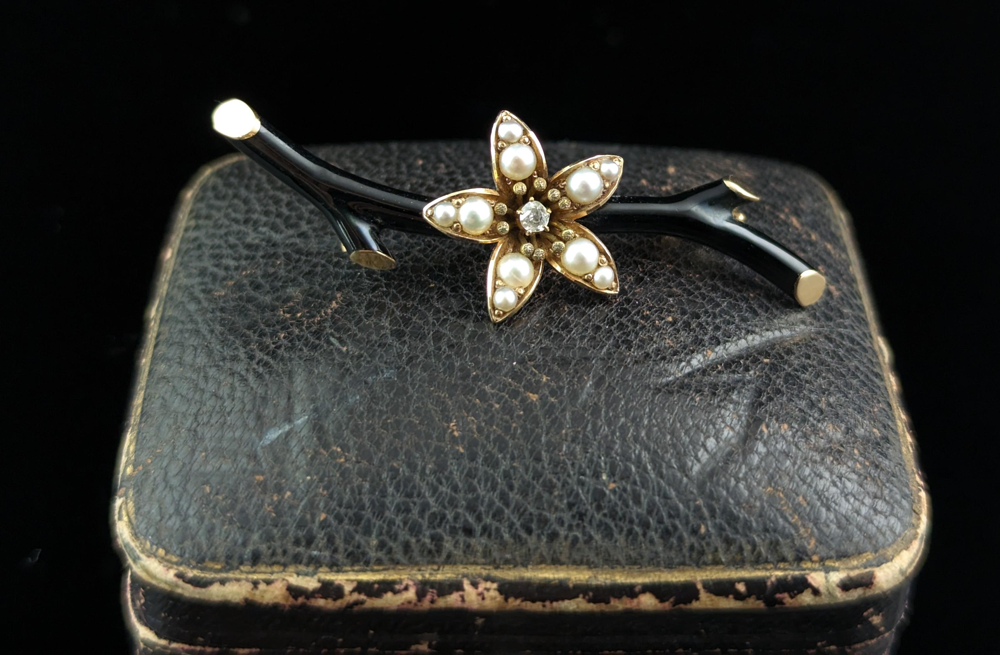 Antique Victorian mourning brooch, Pearl and diamond flower, Black enamel  1