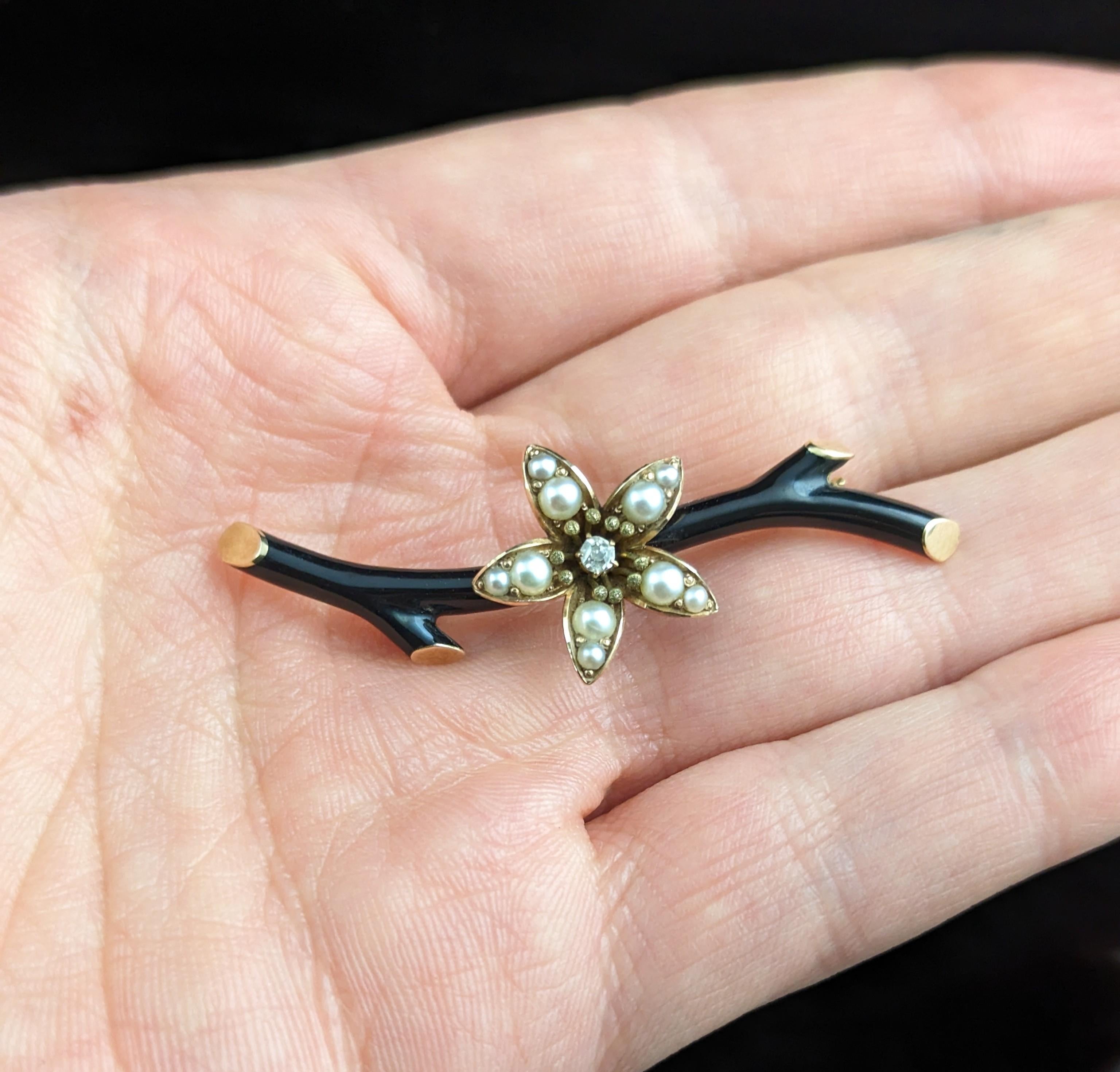 Antique Victorian mourning brooch, Pearl and diamond flower, Black enamel  2