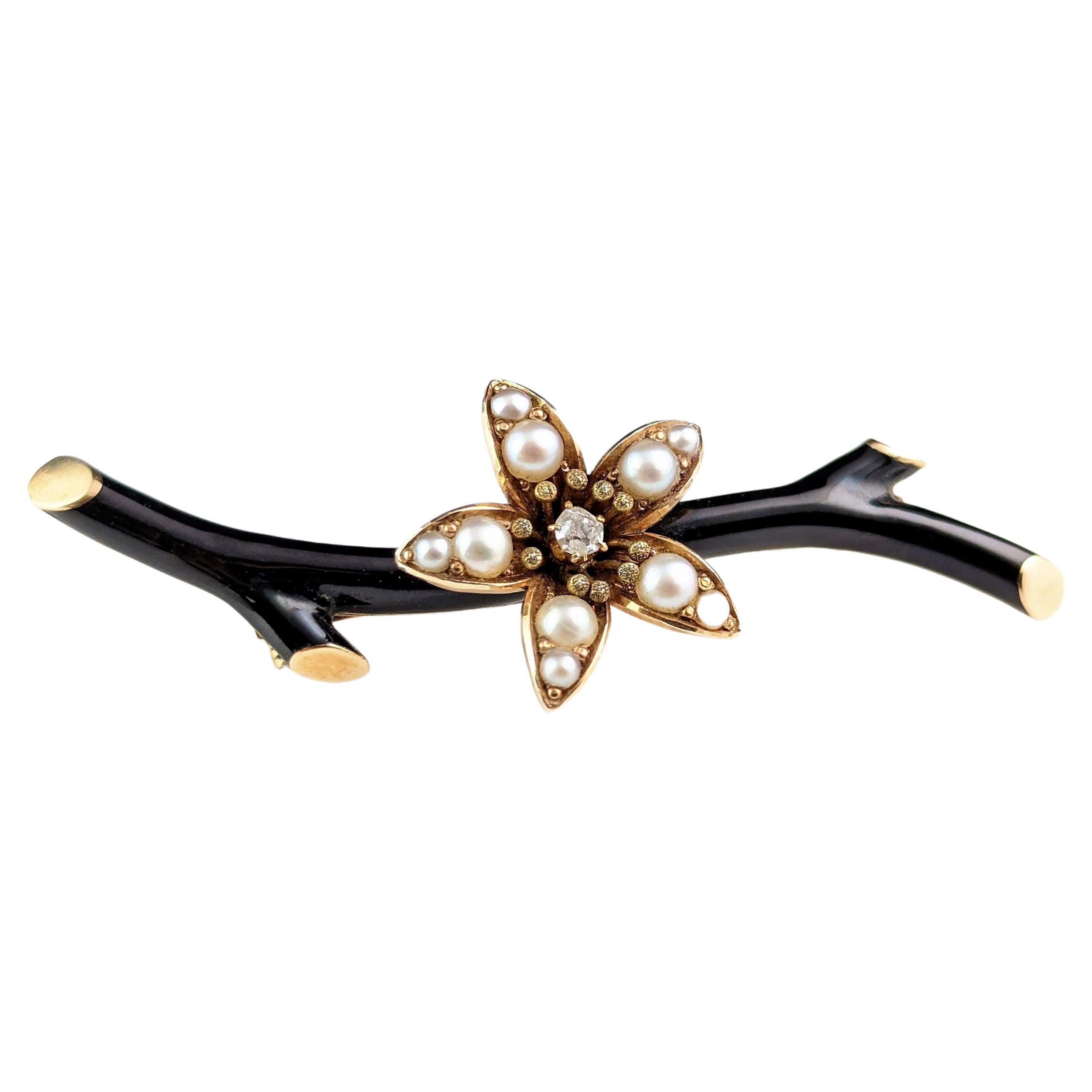 Antique Victorian mourning brooch, Pearl and diamond flower, Black