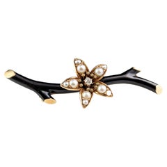 Antique Victorian mourning brooch, Pearl and diamond flower, Black enamel 