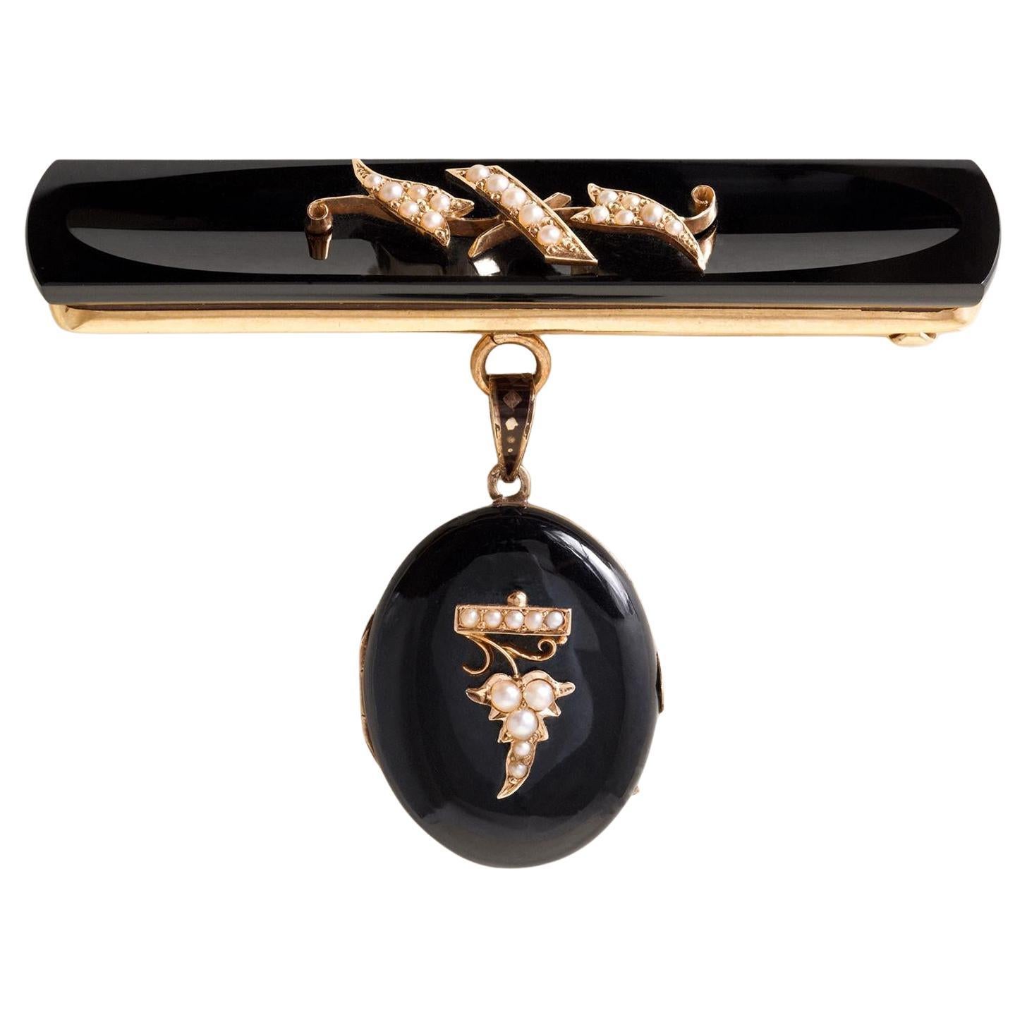 Antique Victorian Mourning Brooch Seed Pearl and Carved Onyx Locket 14K Gold