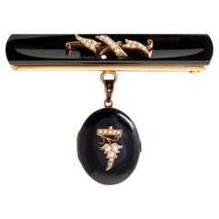 Antique Victorian Mourning Brooch Seed Pearl and Carved Onyx Locket 14K Gold