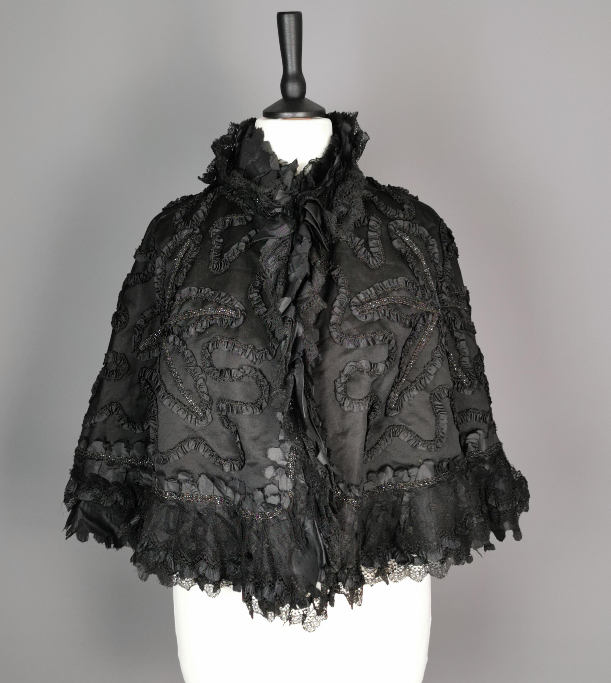 Antique Victorian mourning cape, French jet, taffeta, silk and lace  4