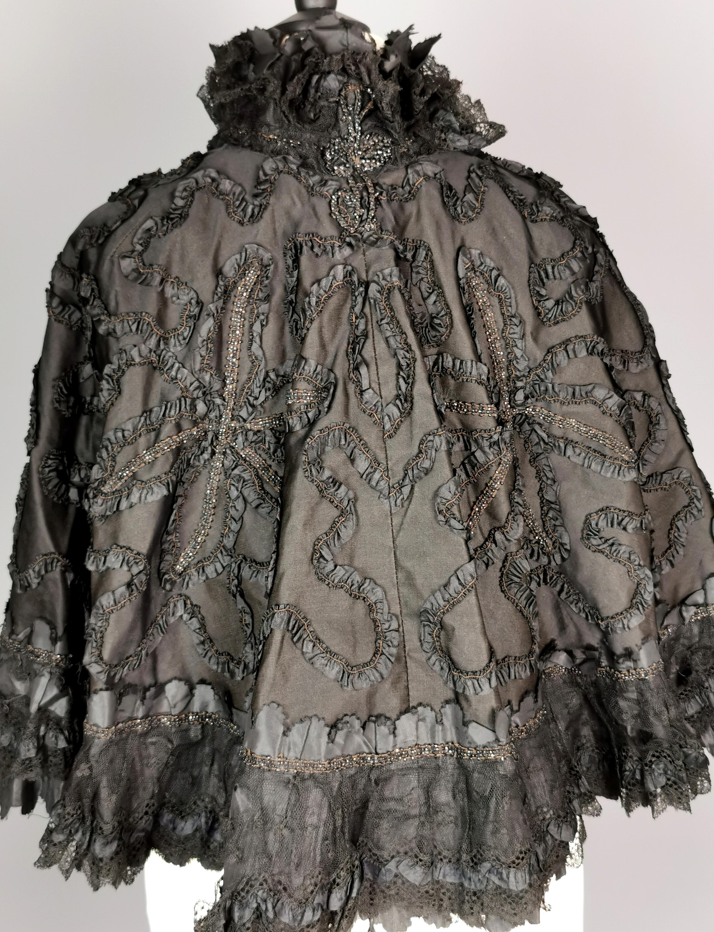 Antique Victorian mourning cape, French jet, taffeta, silk and lace  6
