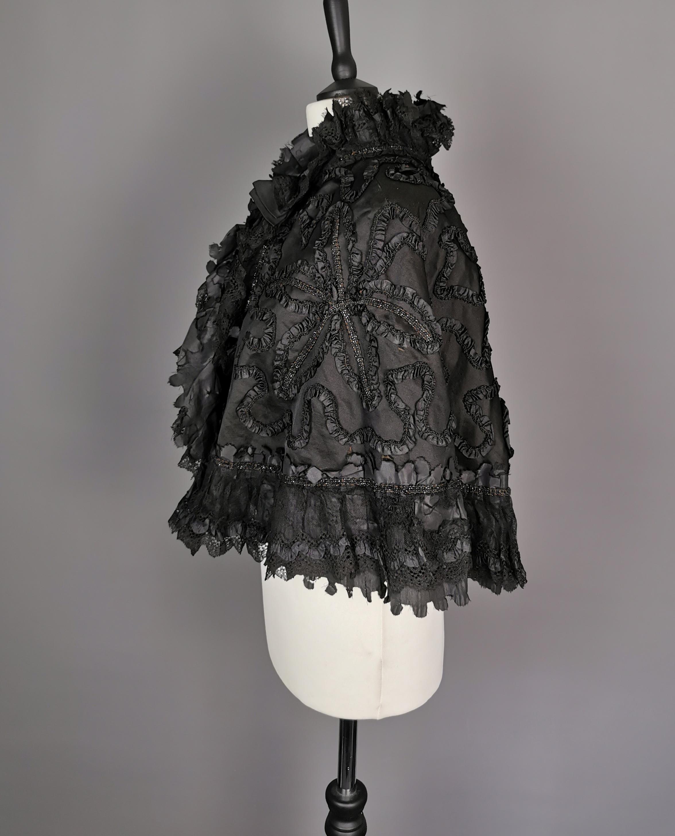 Black Antique Victorian mourning cape, French jet, taffeta, silk and lace 