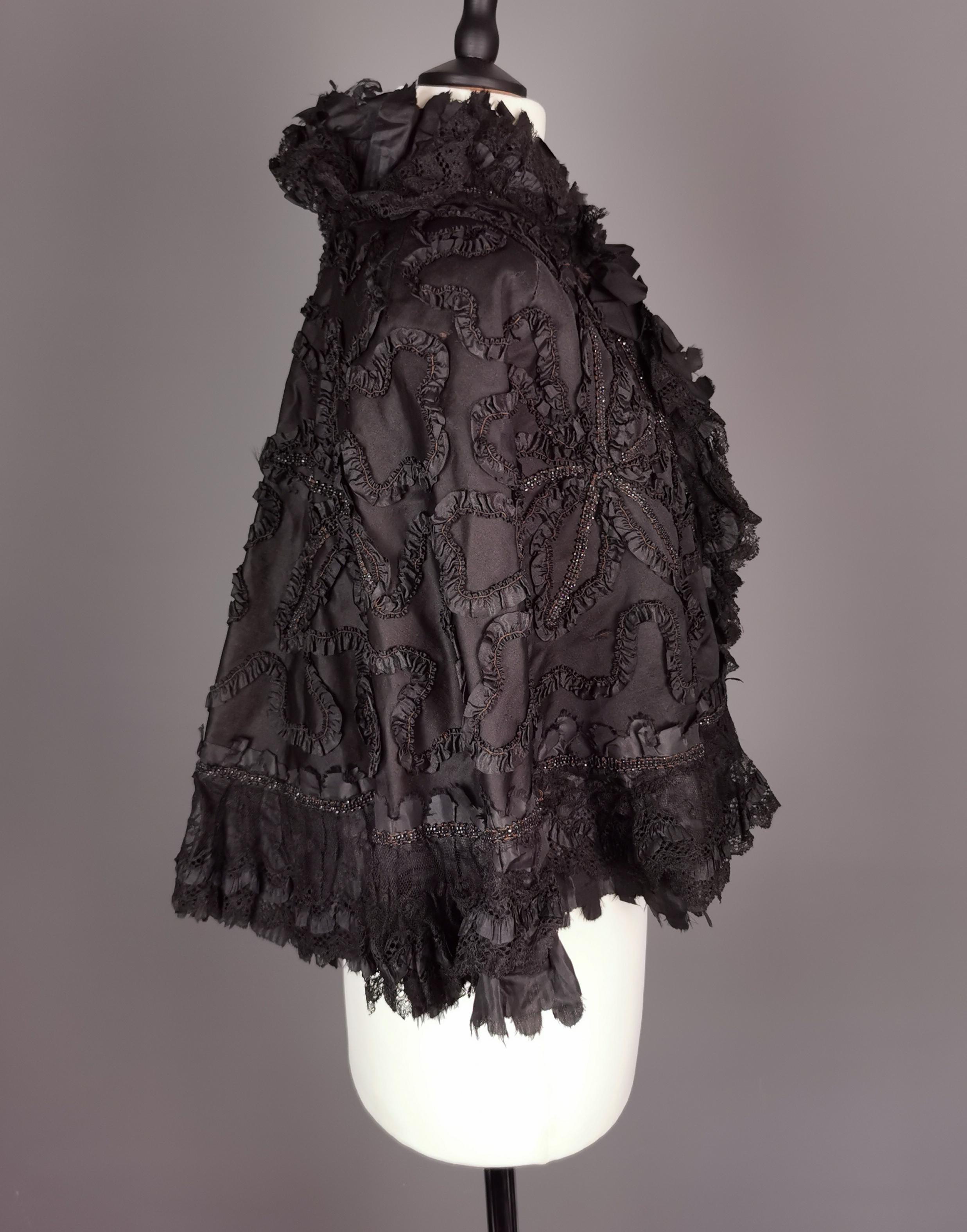 Women's Antique Victorian mourning cape, French jet, taffeta, silk and lace 
