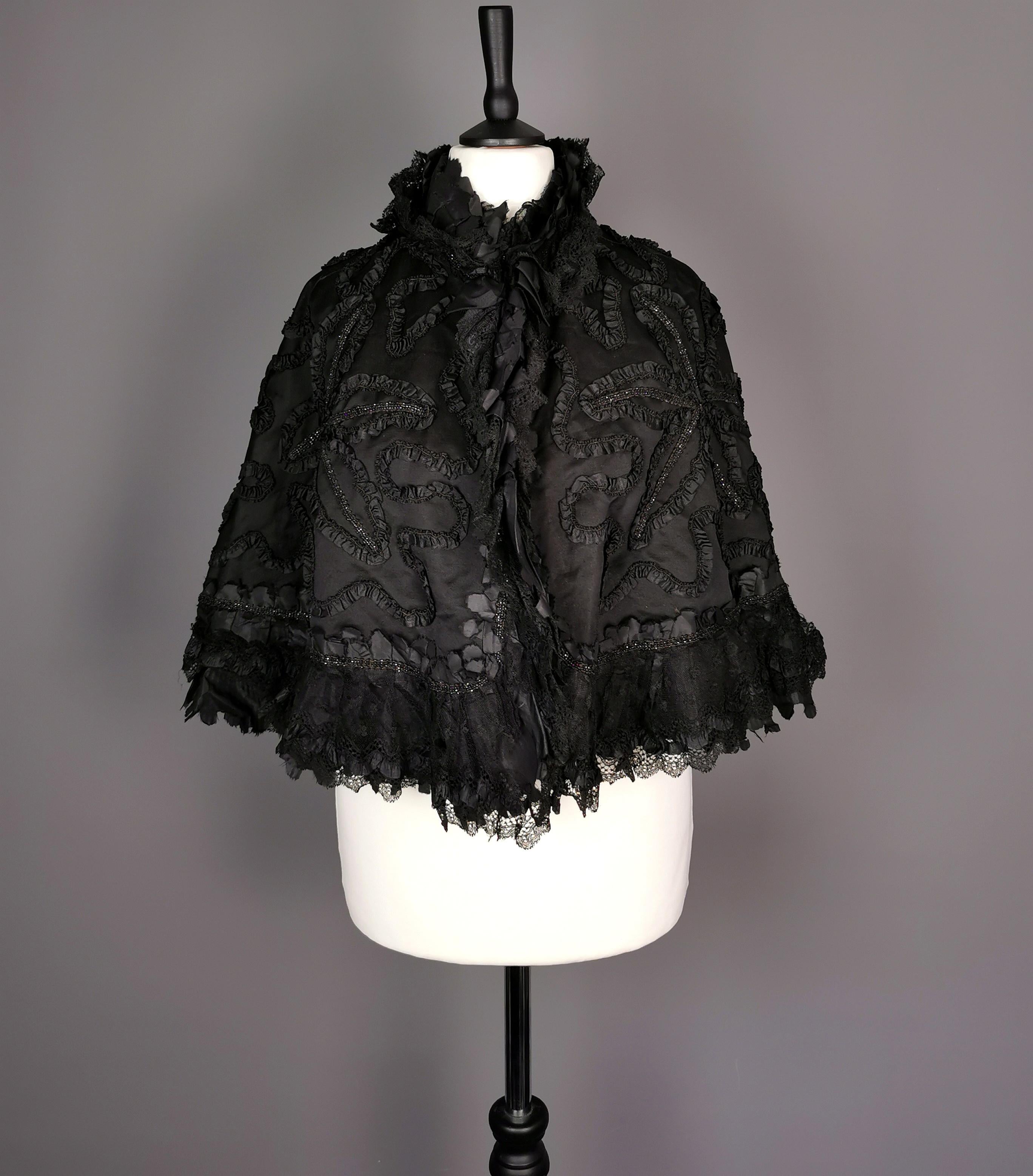 Antique Victorian mourning cape, French jet, taffeta, silk and lace  1