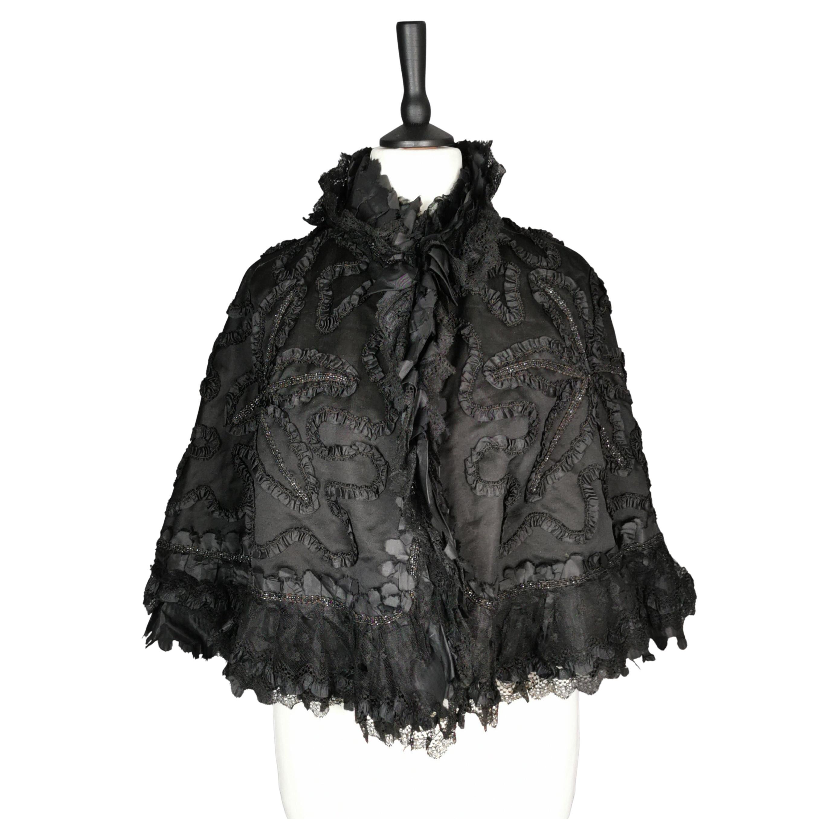Antique Victorian mourning cape, French jet, taffeta, silk and lace 