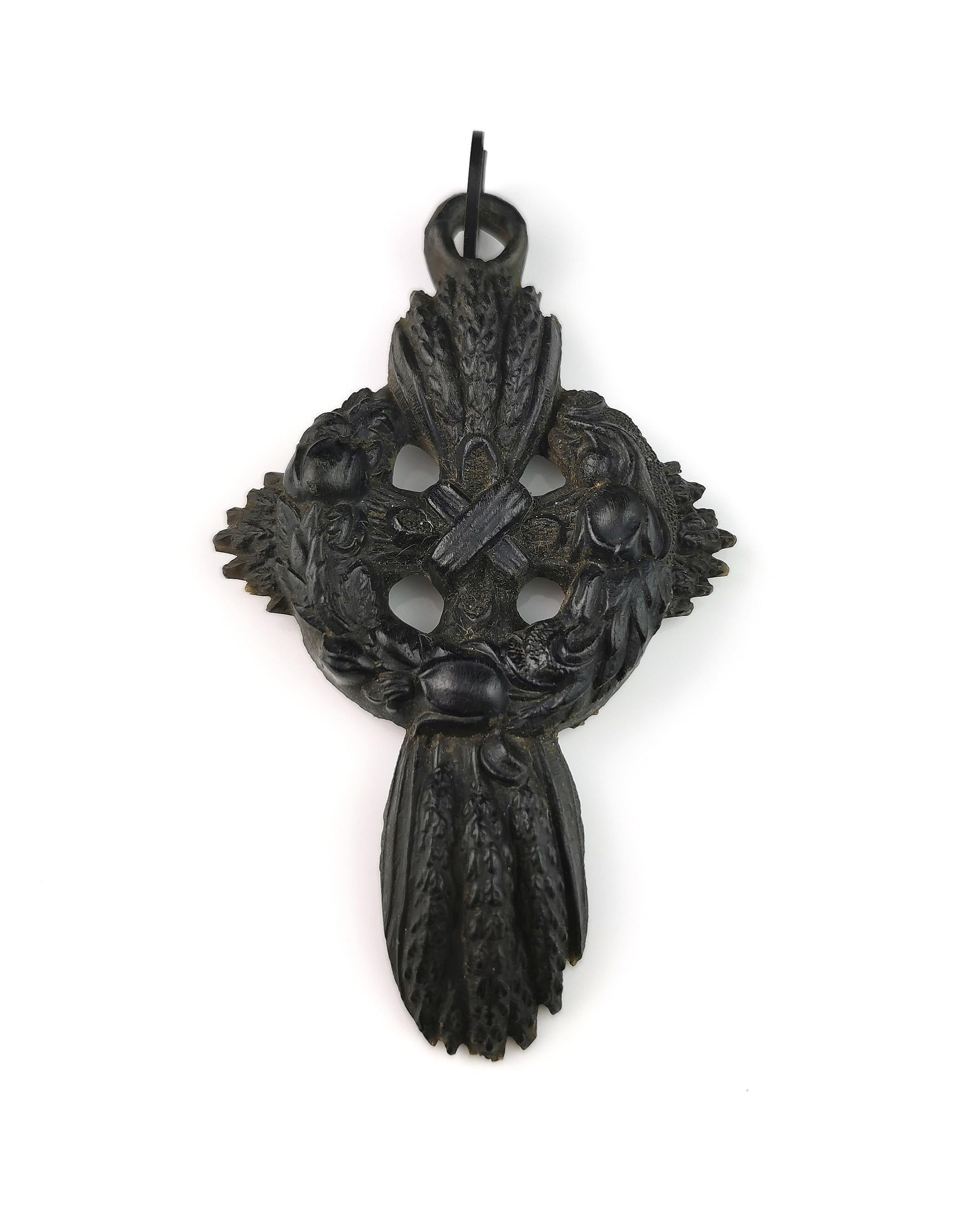 Antique Victorian mourning Cross pendant, Bog oak  7