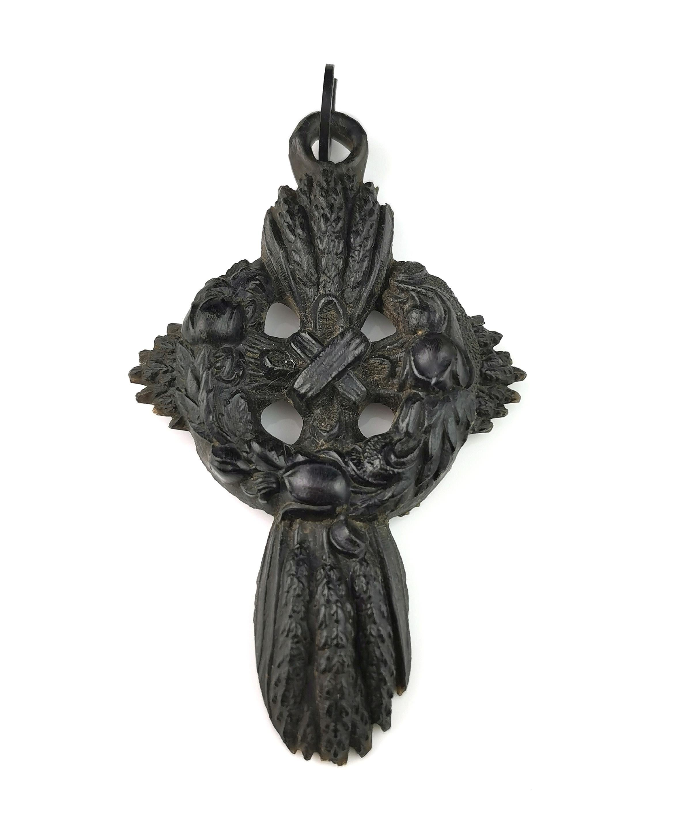 Antique Victorian mourning Cross pendant, Bog oak  9