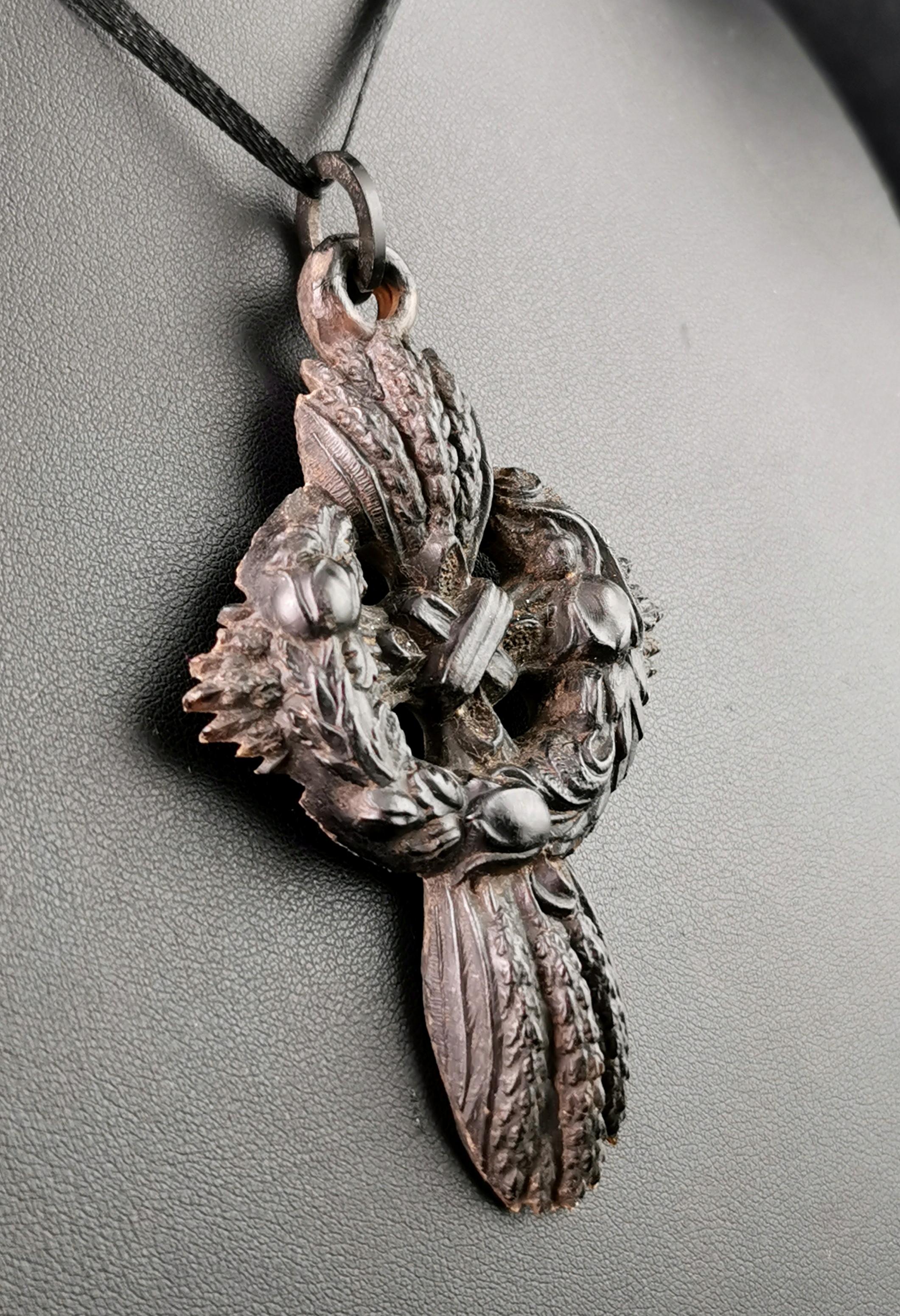 Women's Antique Victorian mourning Cross pendant, Bog oak 