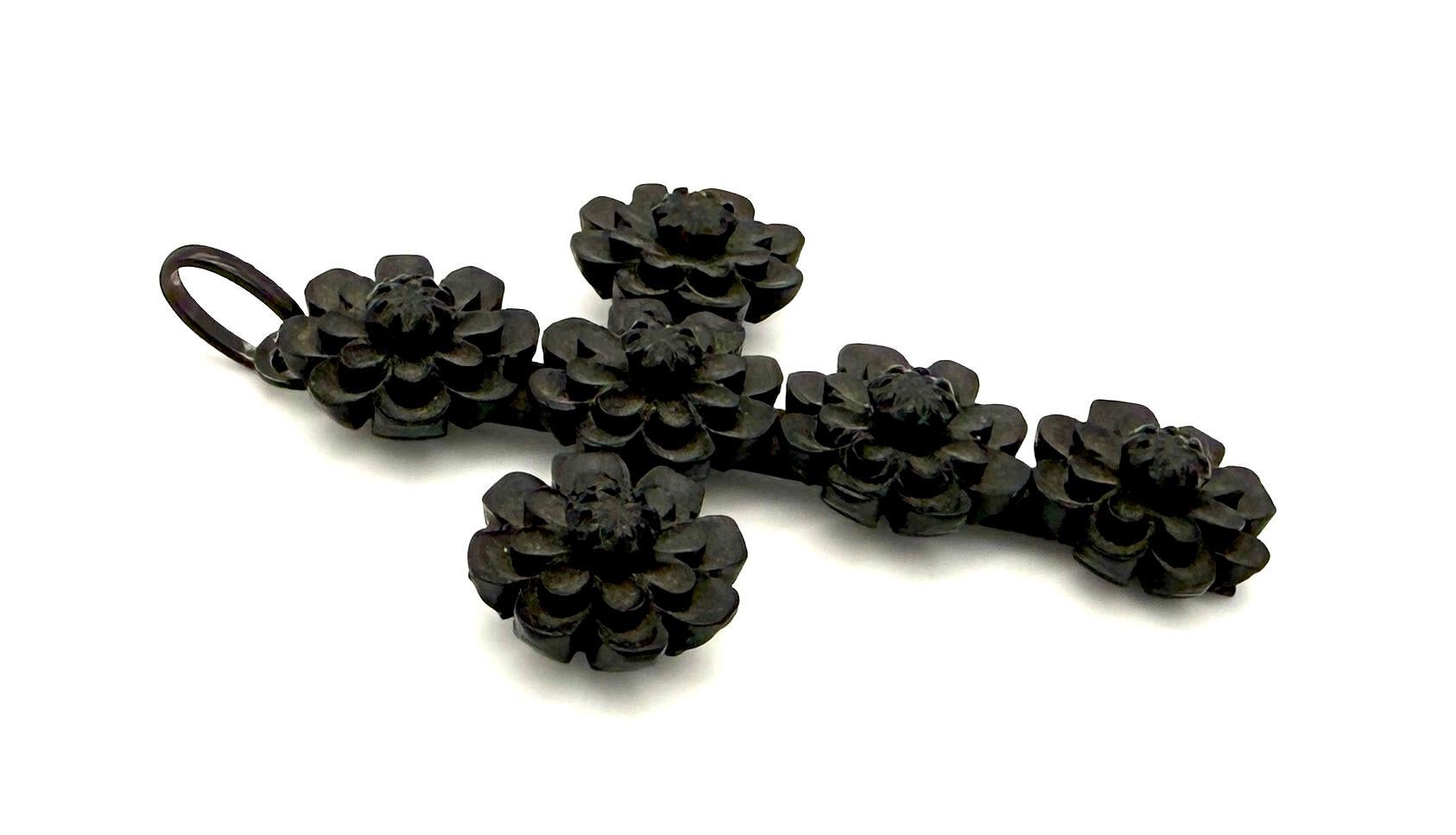 Women's Antique Victorian Mourning Cross Pressed Wood Black Flowers Metal For Sale