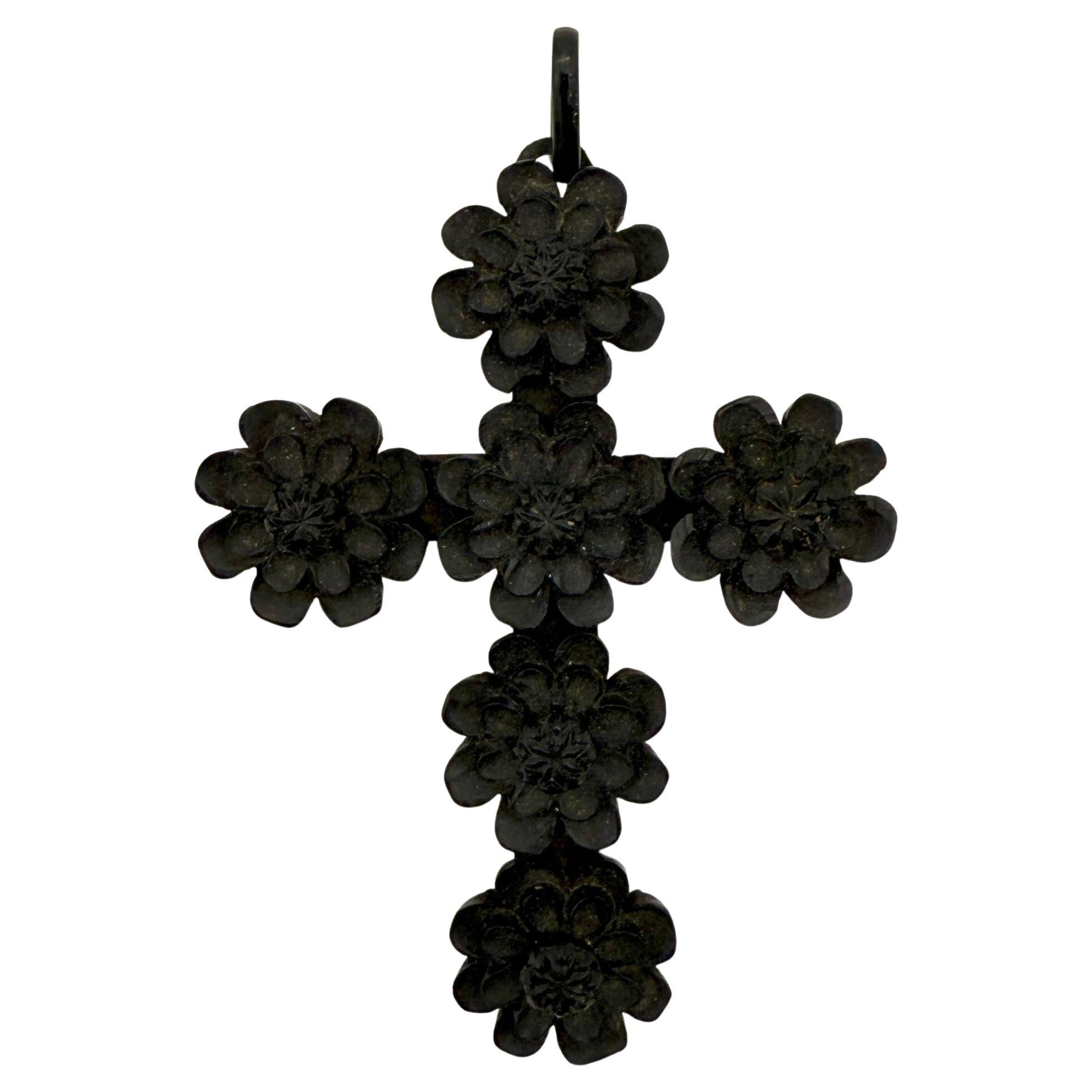 Antique Victorian Mourning Cross Pressed Wood Black Flowers Metal For Sale