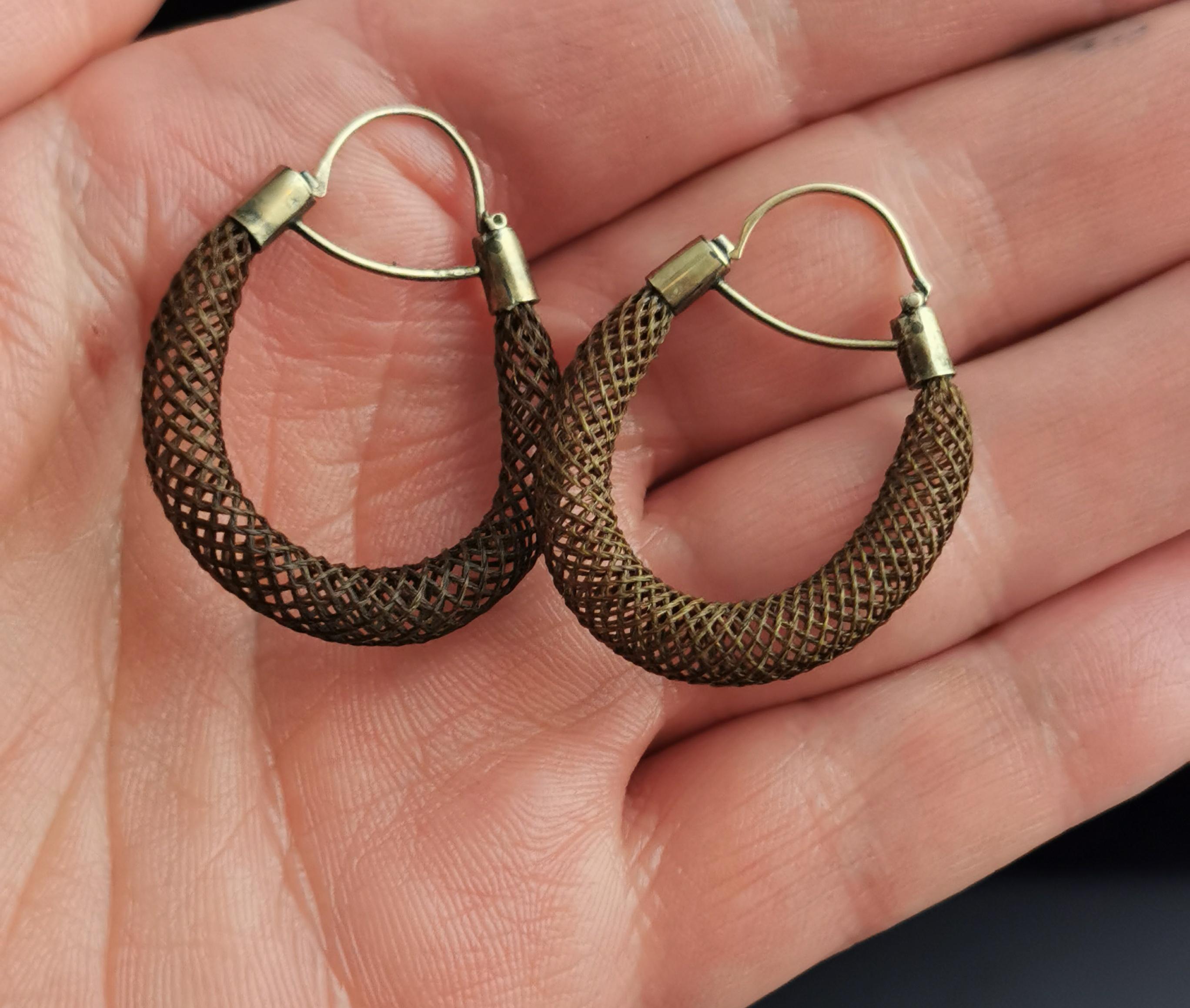 Antique Victorian Mourning Earrings, Hairwork and 9k Gold 5